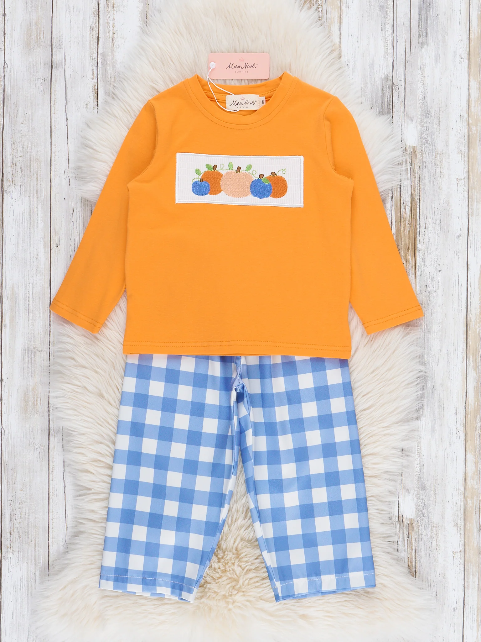 Blue Plaid & Pumpkin Smocked Outfit - Image 2