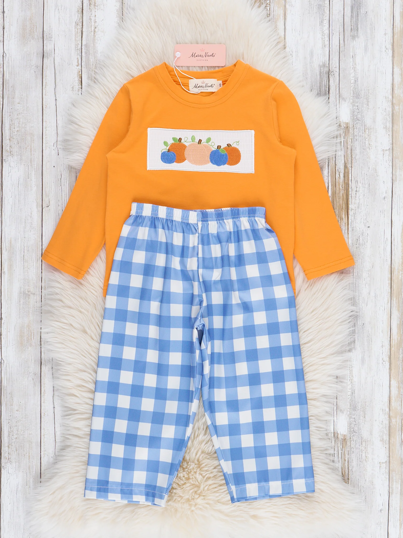Blue Plaid & Pumpkin Smocked Outfit - Image 3
