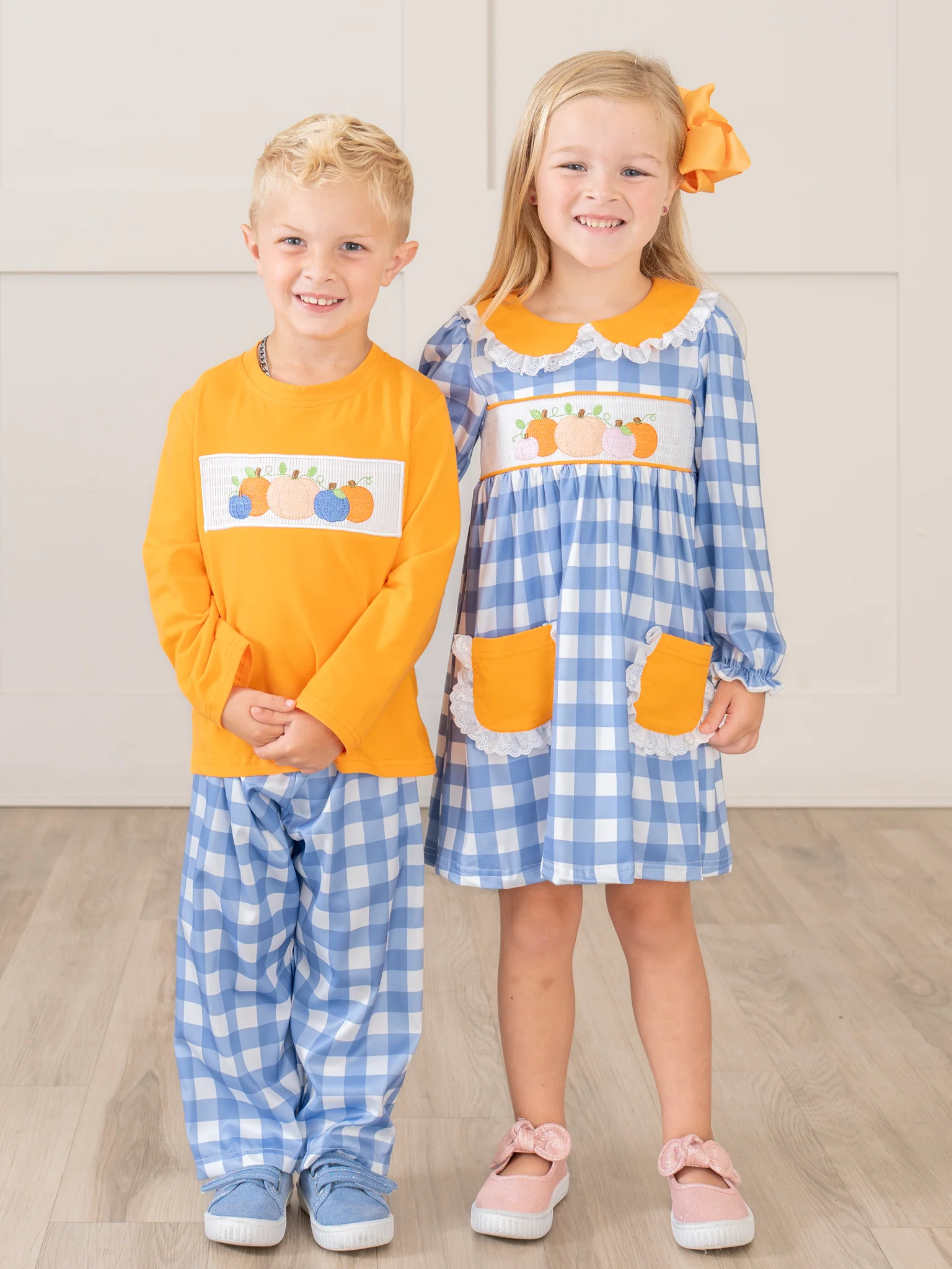 Blue Plaid & Pumpkin Smocked Outfit - Image 5