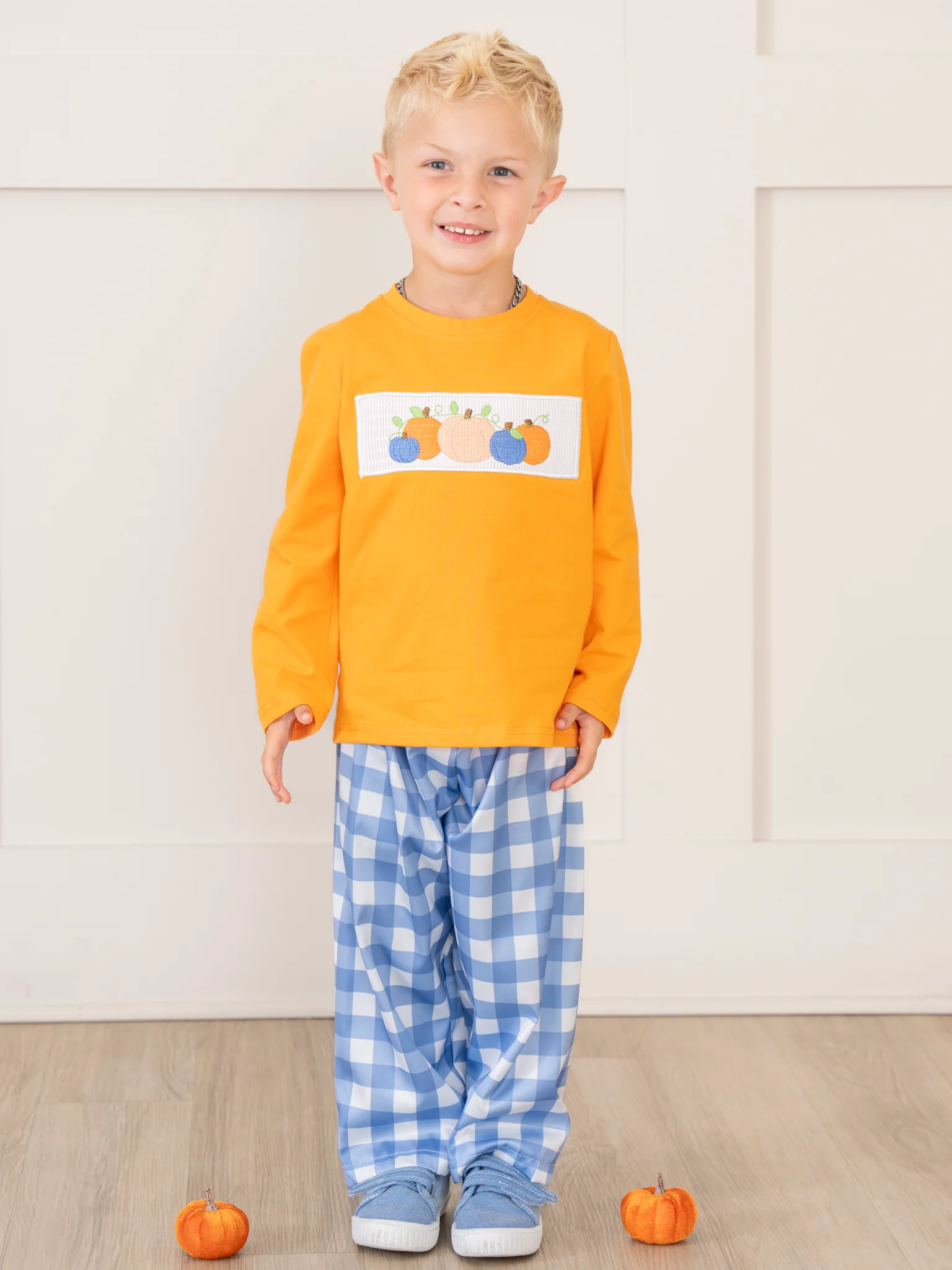 Blue Plaid & Pumpkin Smocked Outfit - Image 6