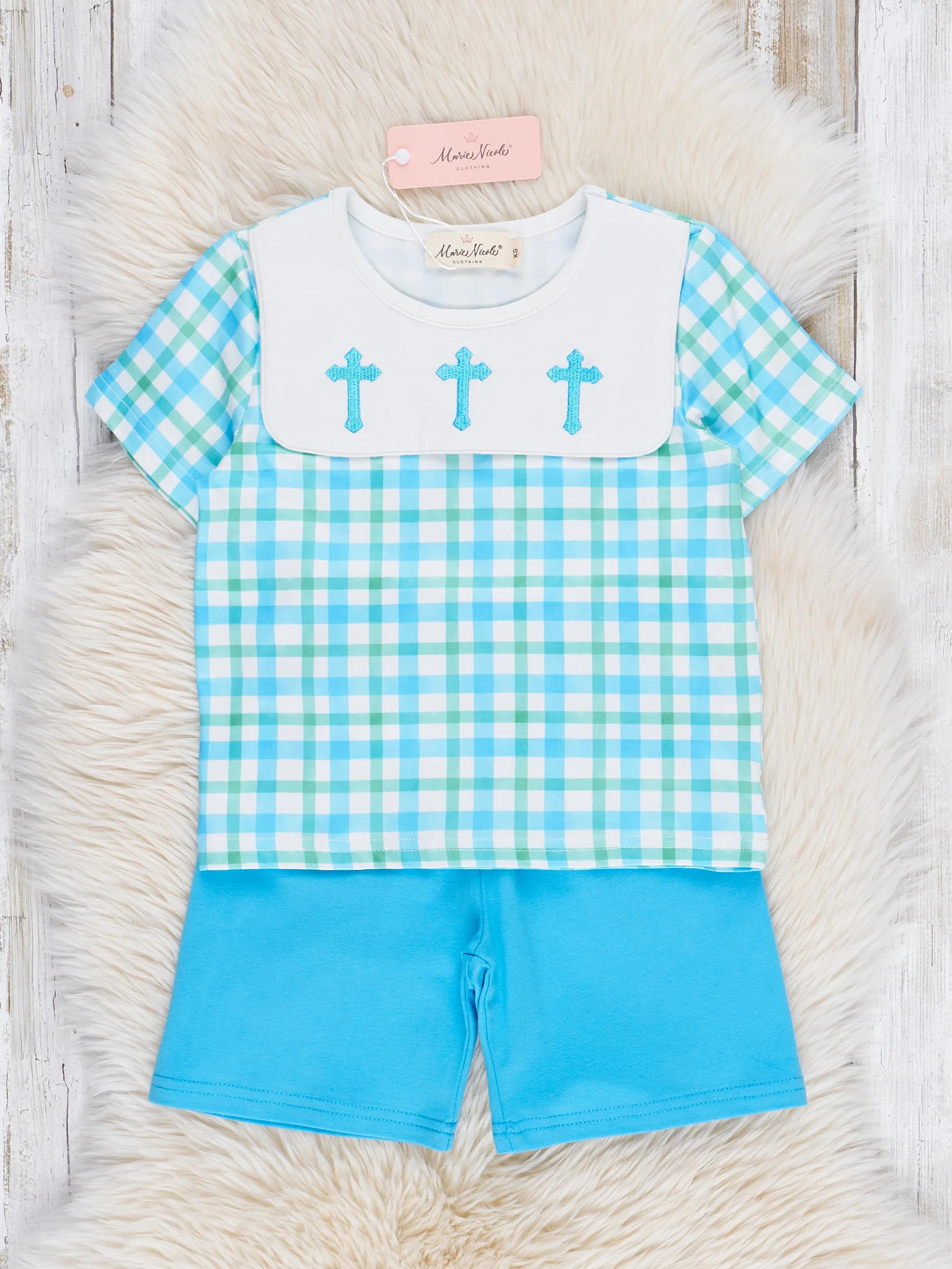 Blue Plaid Embroidered Crosses Outfit