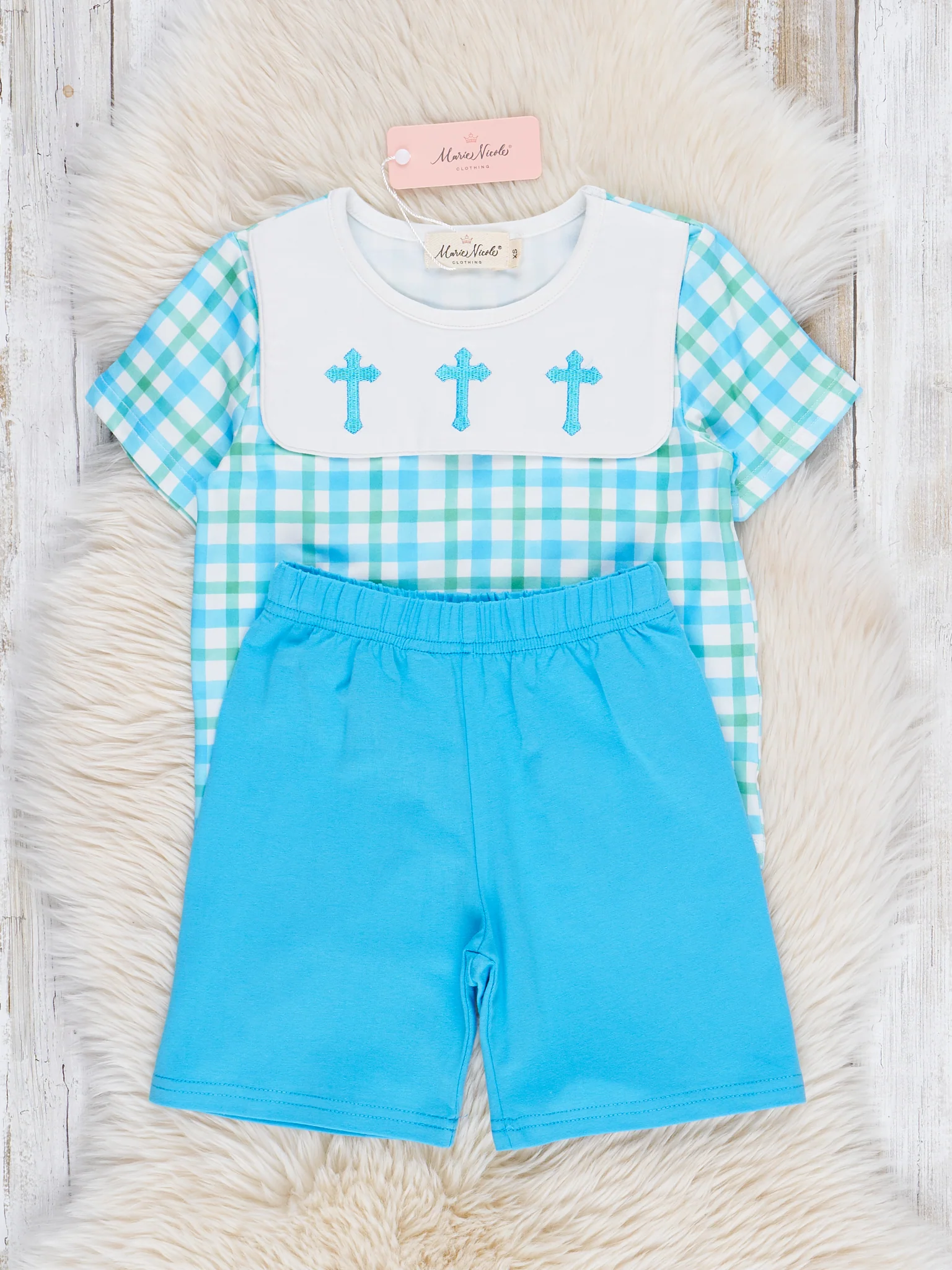 Blue Plaid Embroidered Crosses Outfit - Image 2