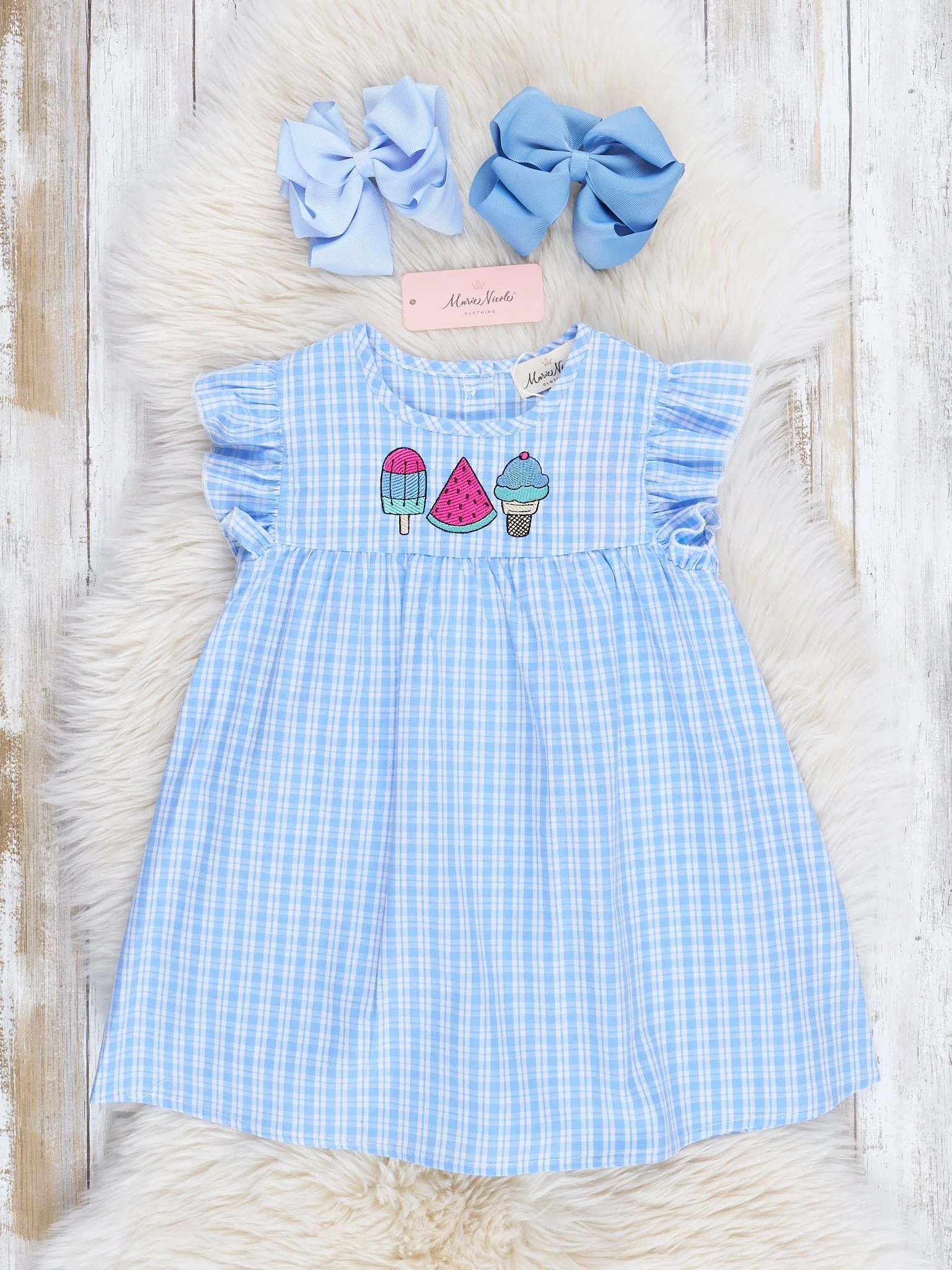 Blue Plaid Embroidered Treats Ruffle Dress