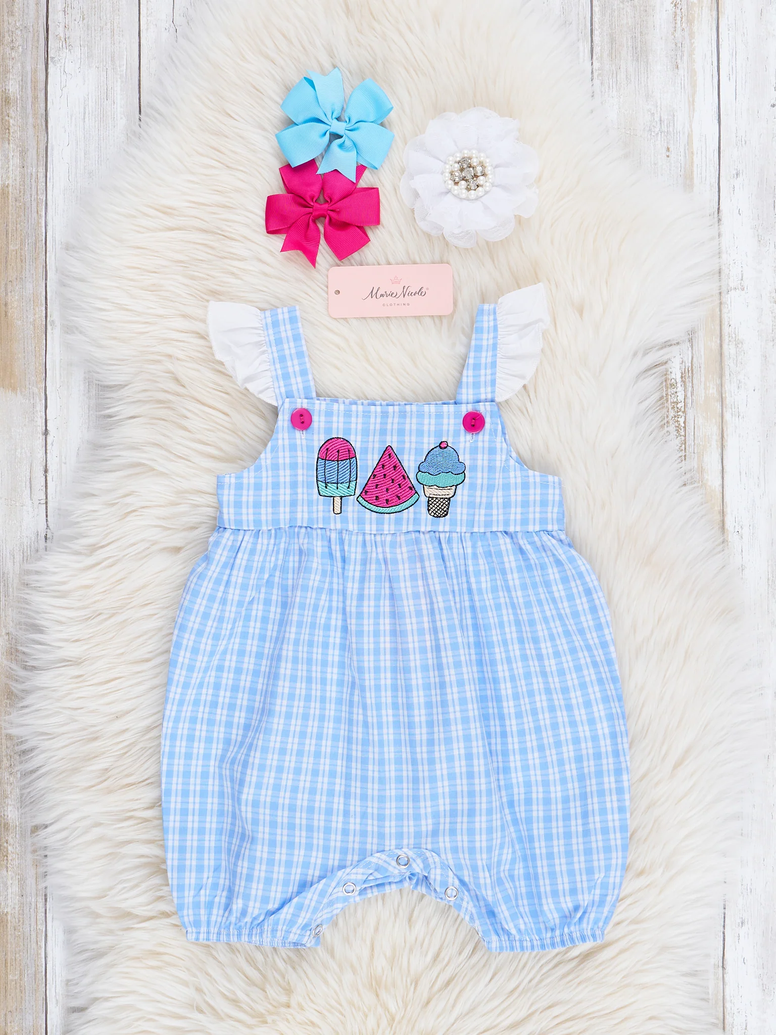 Blue Plaid Embroidered Treats Ruffle Romper