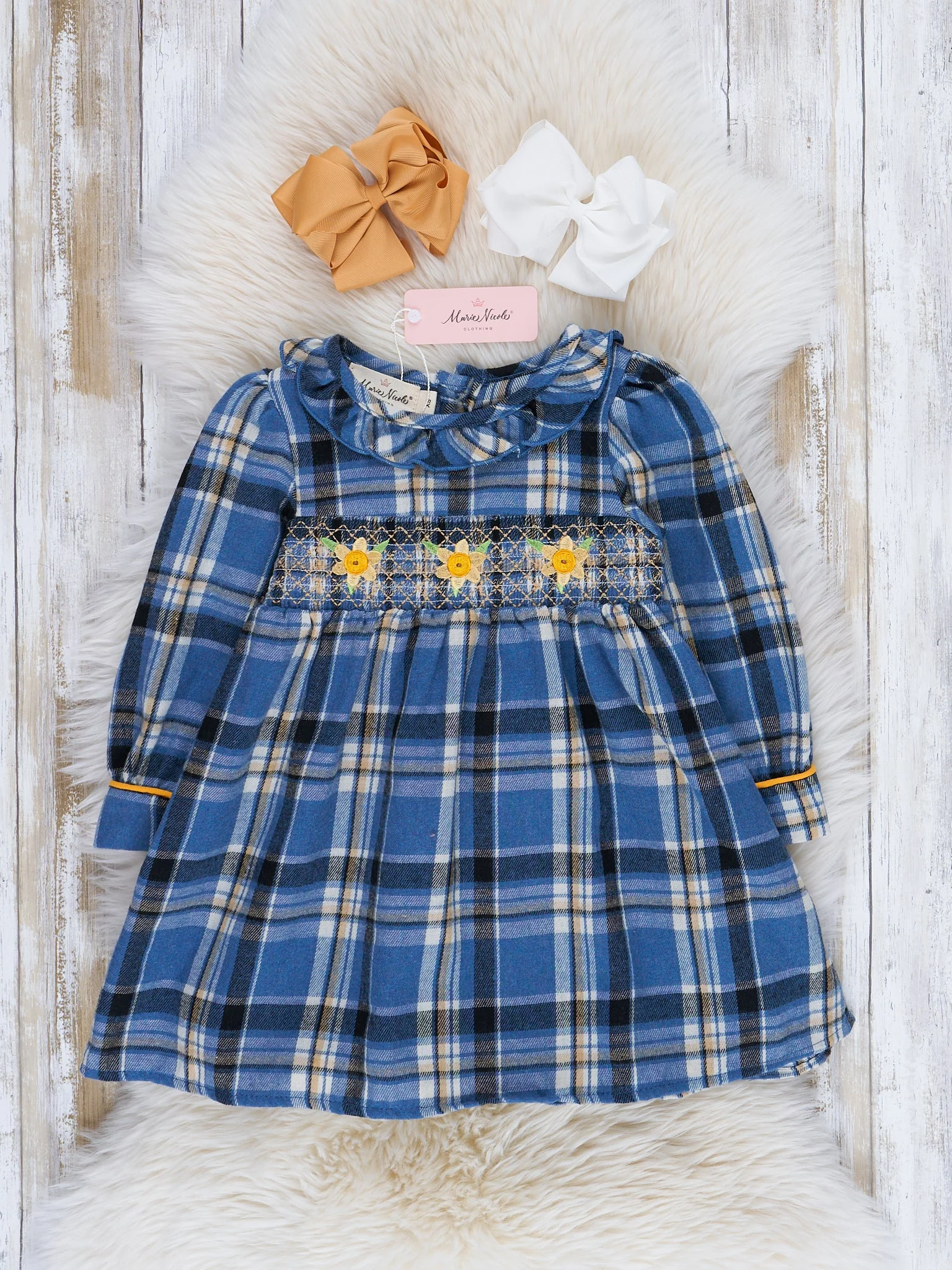 Blue Plaid Smocked Daisies Dress