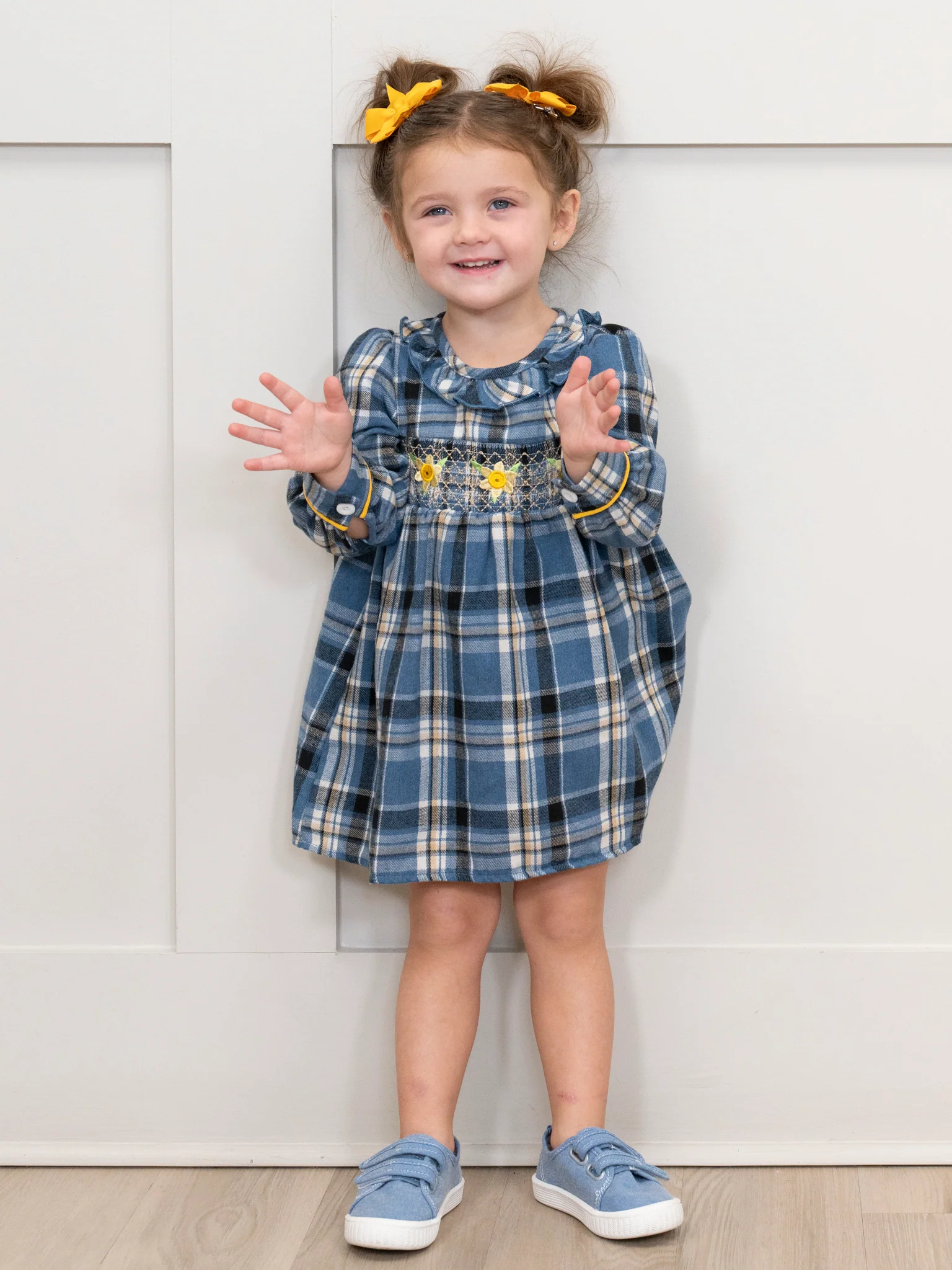 Blue Plaid Smocked Daisies Dress - Image 2