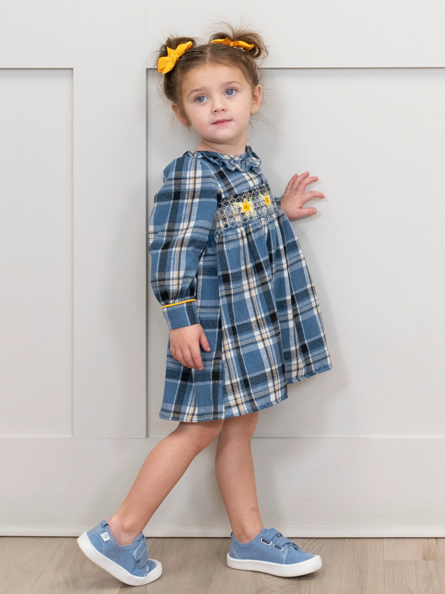 Blue Plaid Smocked Daisies Dress - Image 3