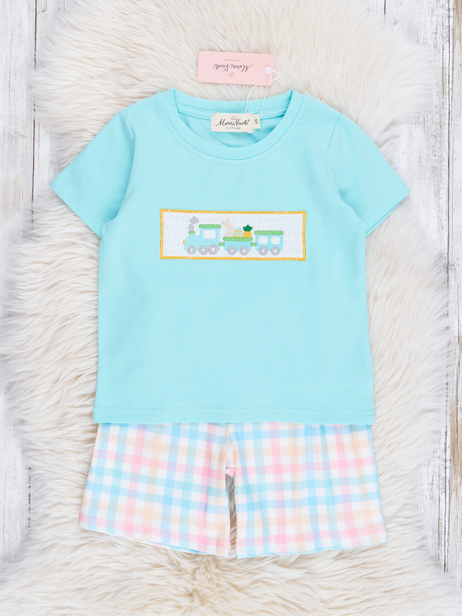 Blue Plaid Smocked Easter Train Outfit