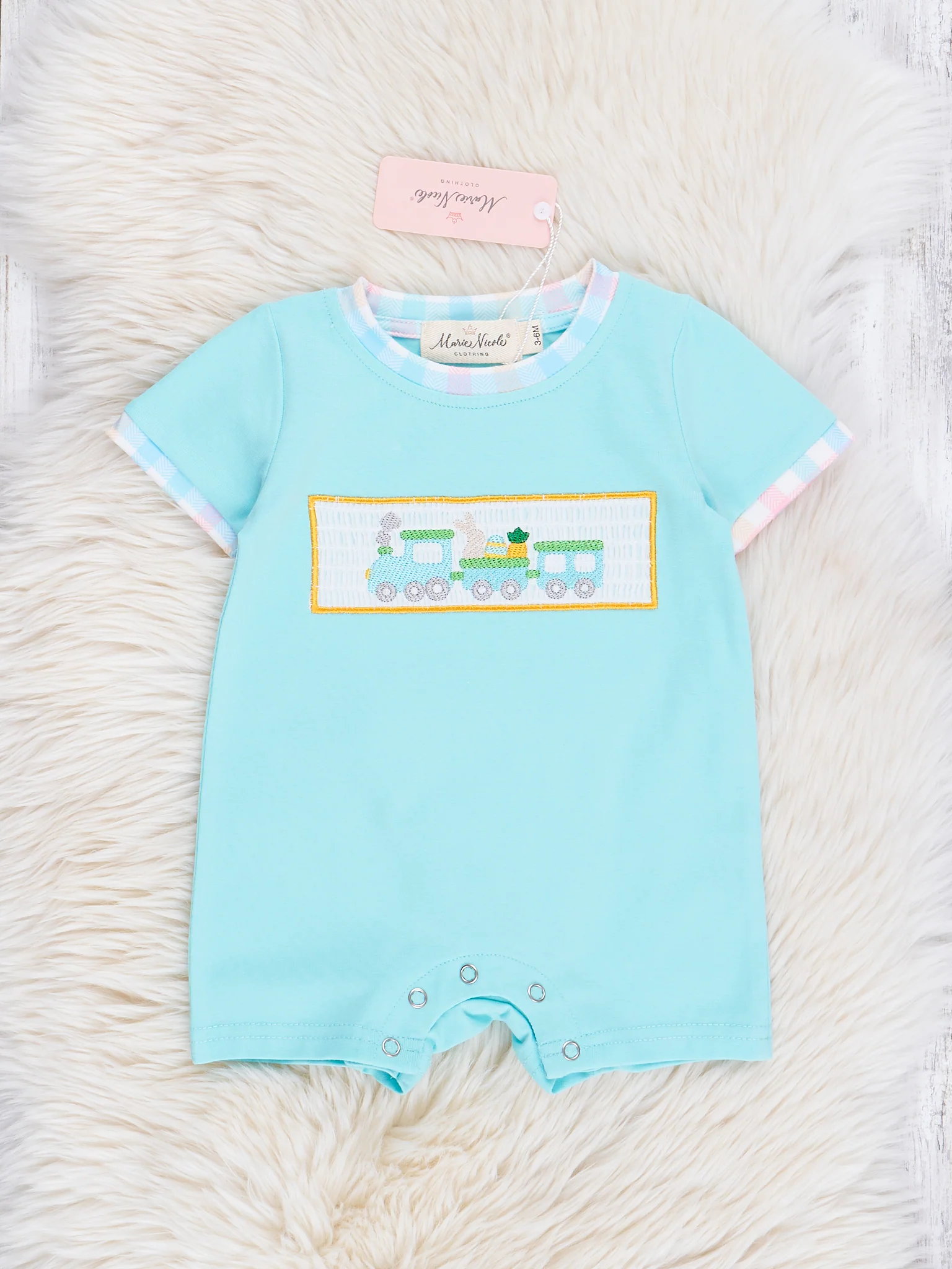 Blue Plaid Smocked Easter Train Romper