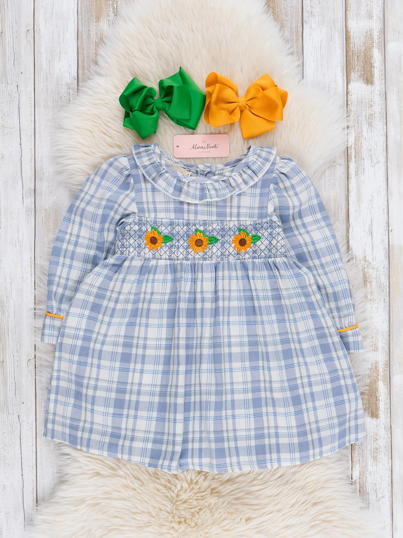 Blue Plaid Smocked Sunflower Dress