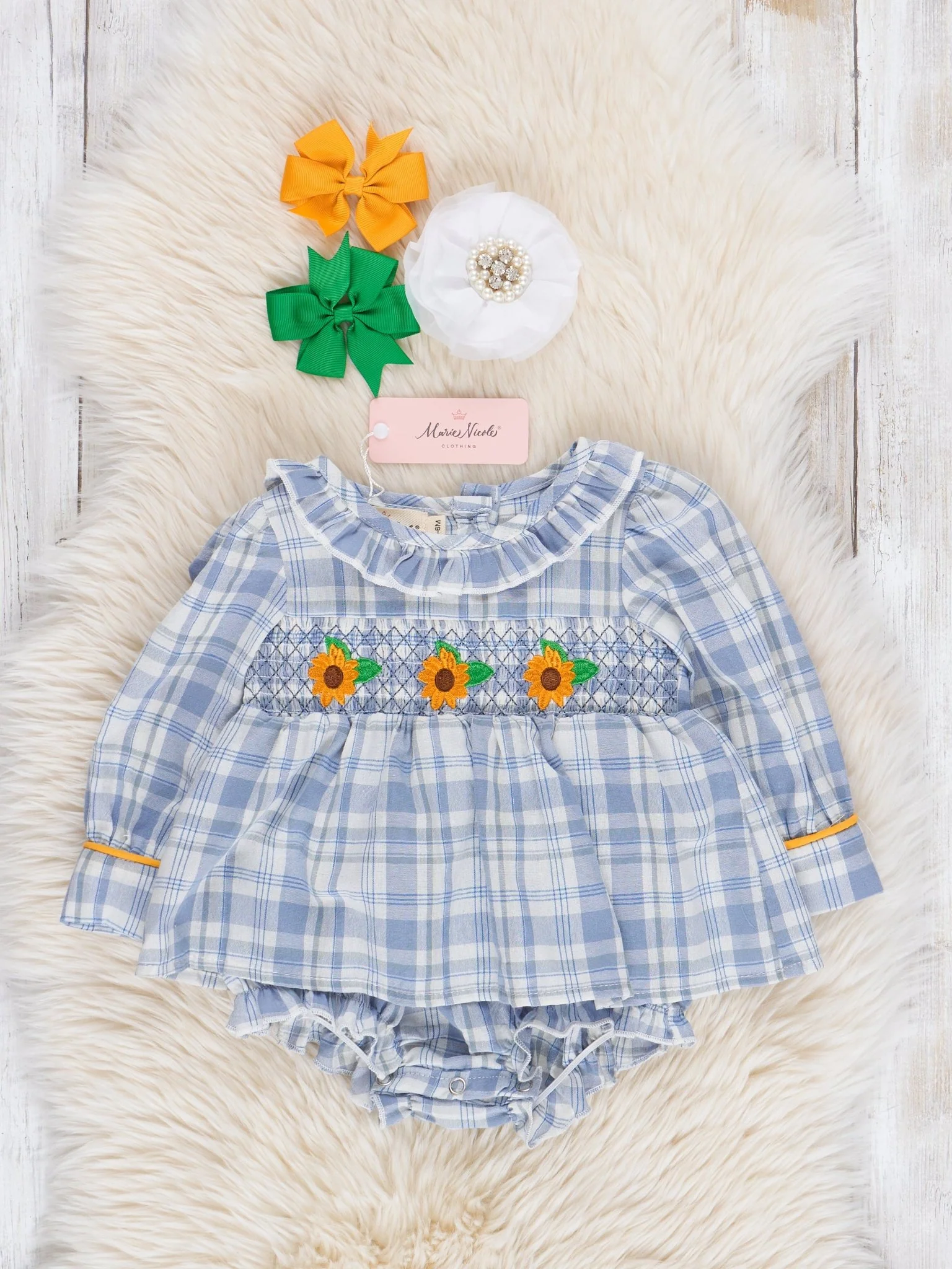 Blue Plaid Smocked Sunflower Peplum Bubble Romper