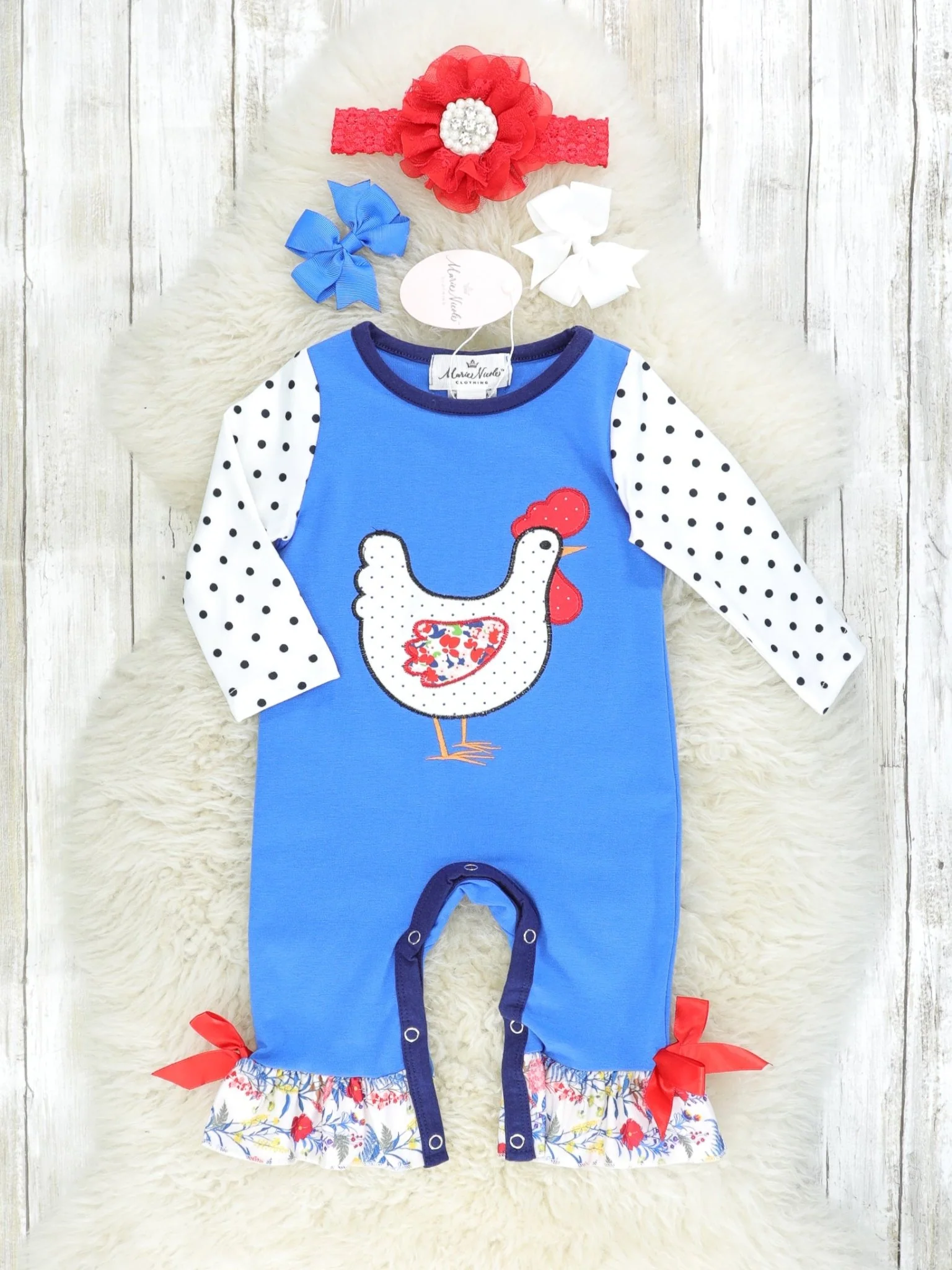 Blue Polka Dot Chicken Ruffle Romper