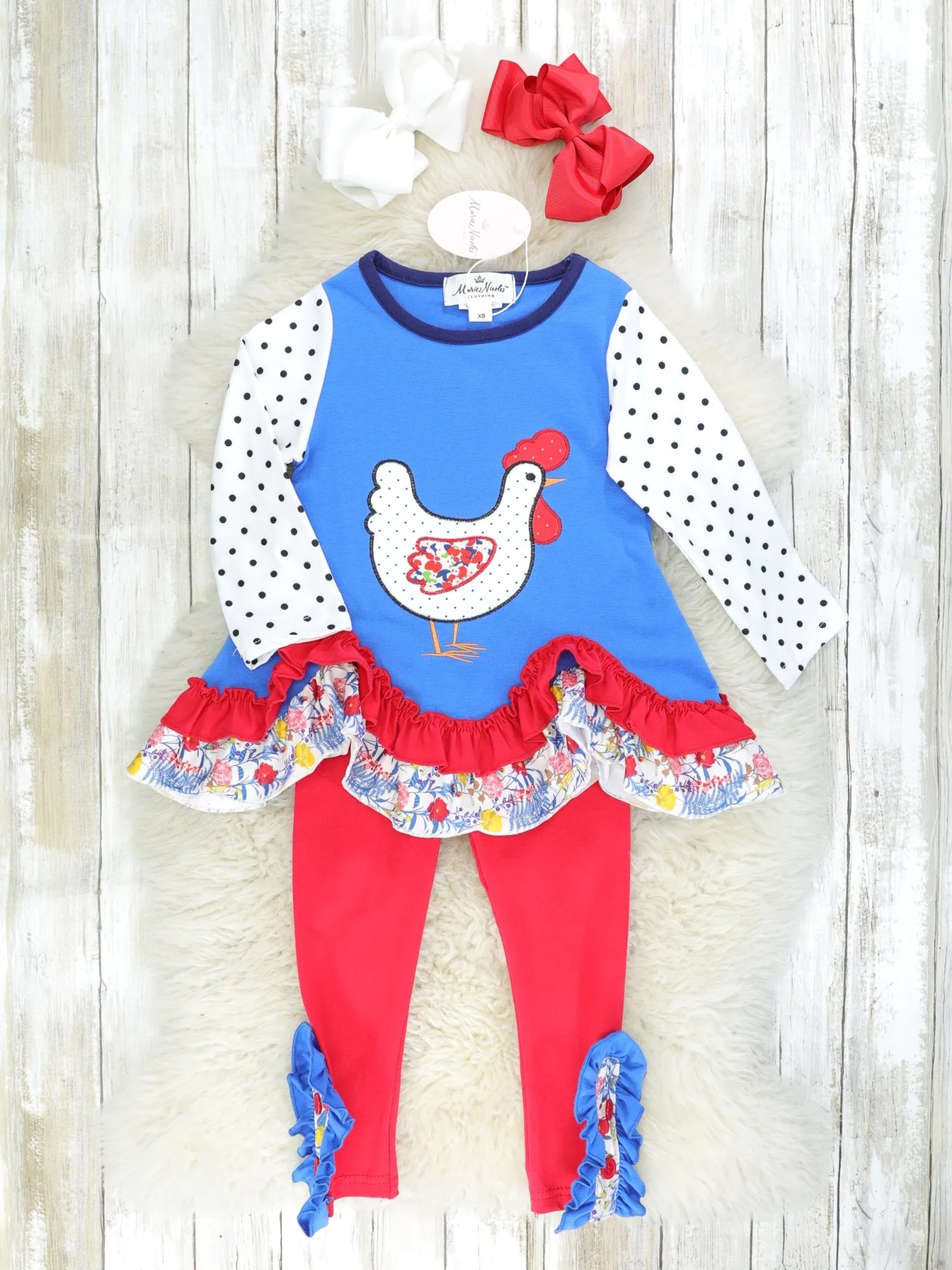 Blue Polka Dot Chicken Ruffle Top & Red Floral Bottoms Outfit