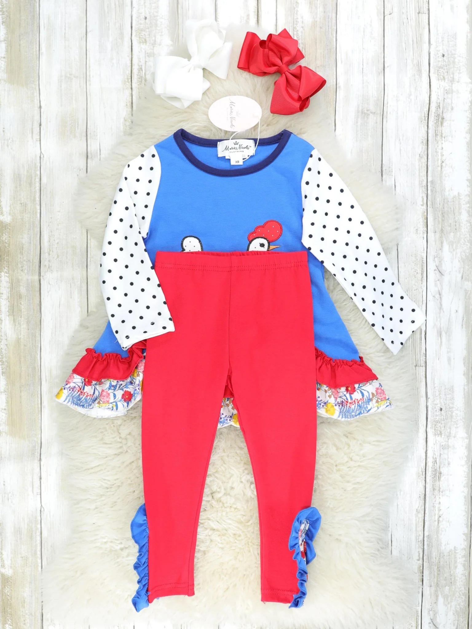 Blue Polka Dot Chicken Ruffle Top & Red Floral Bottoms Outfit - Image 2