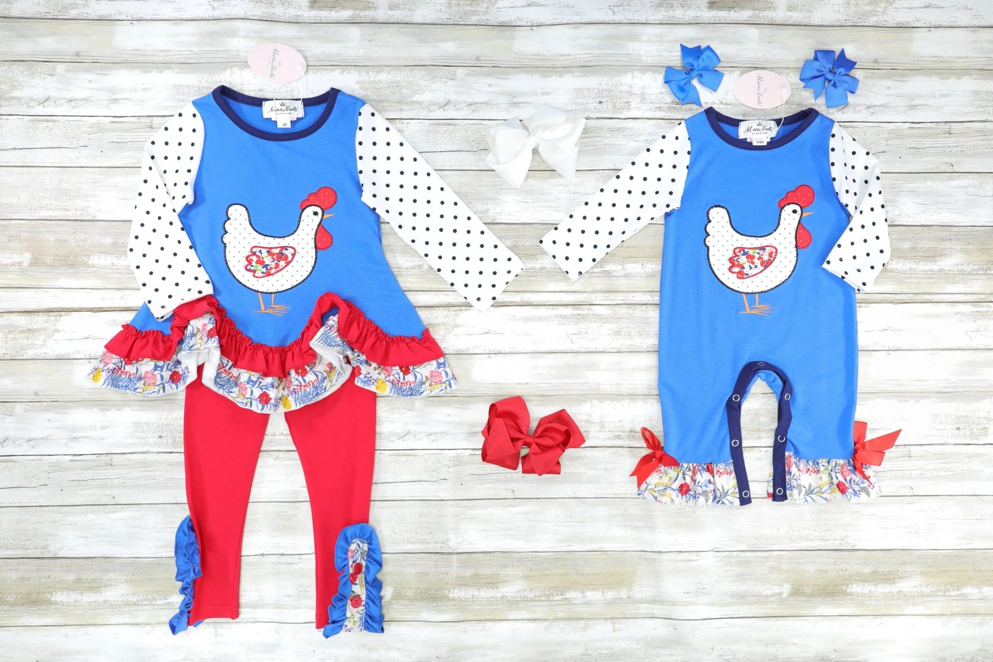 Blue Polka Dot Chicken Ruffle Top & Red Floral Bottoms Outfit - Image 3