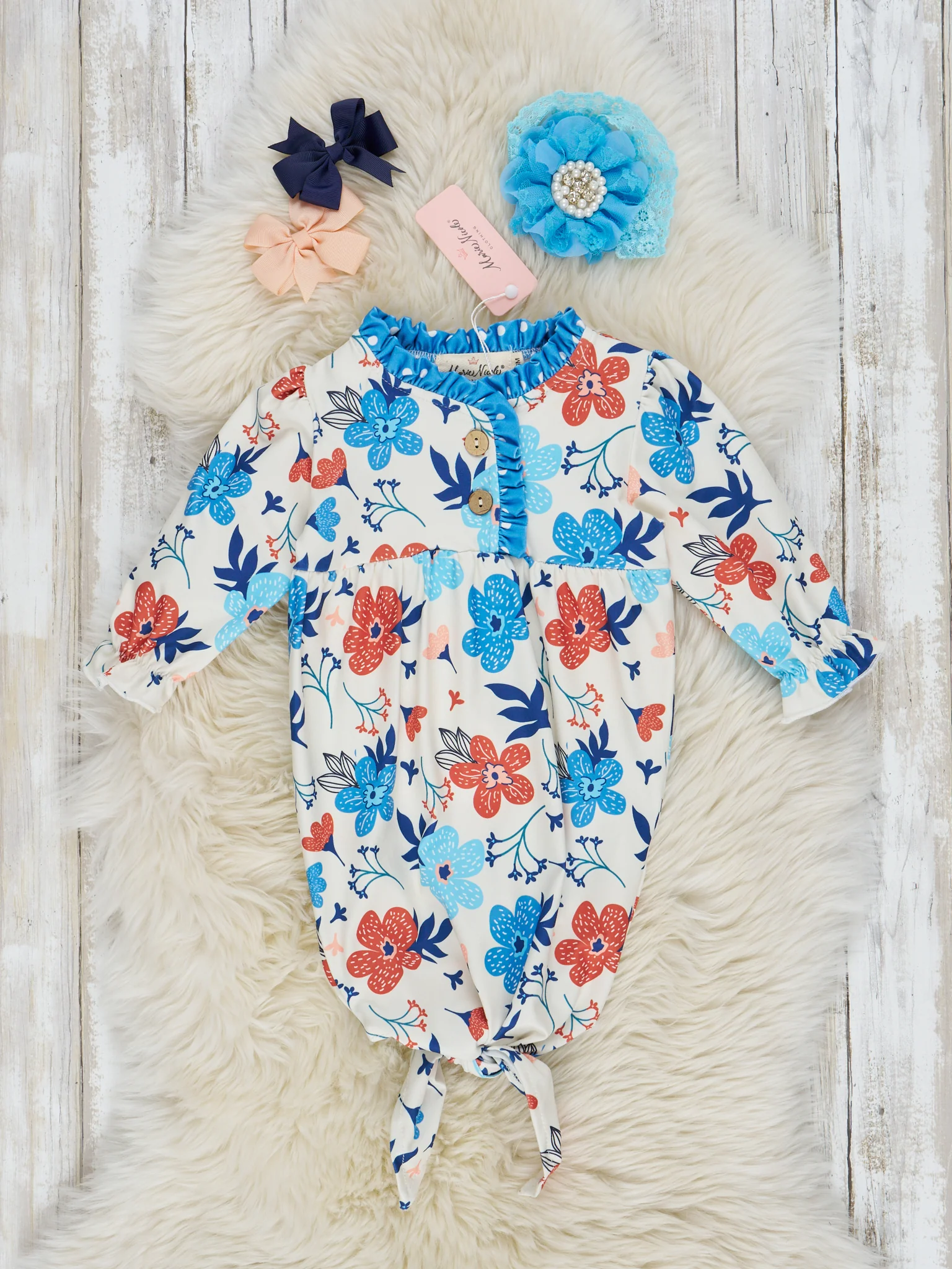 Blue Polka Dot & Floral Knot Gown