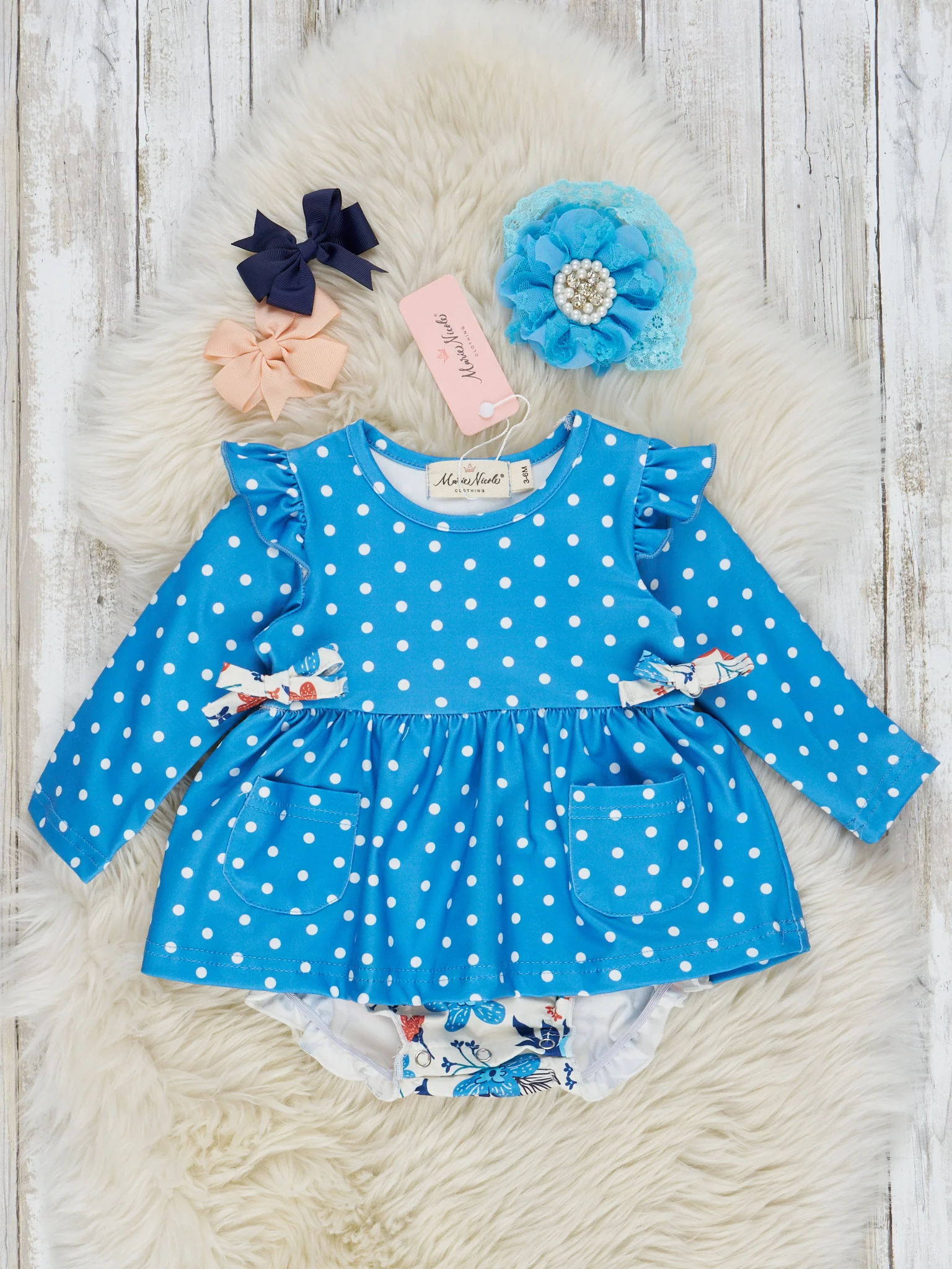 Blue Polka Dot & Floral Ruffle Bubble Romper
