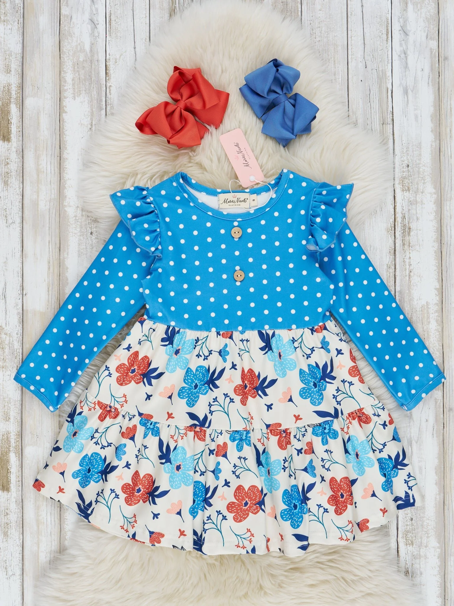 Blue Polka Dot & Floral Ruffle Dress