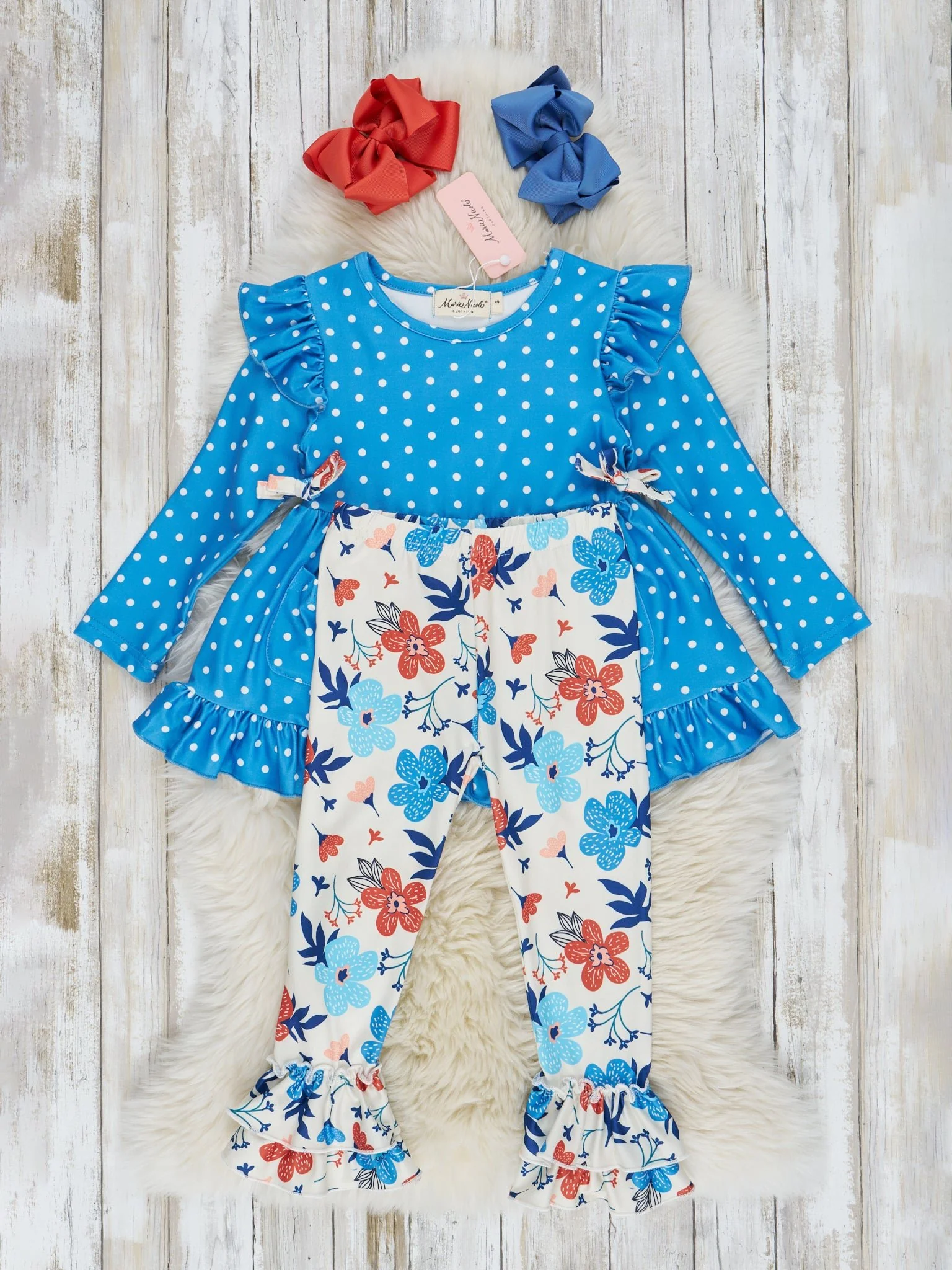 Blue Polka Dot & Floral Ruffle Outfit - Image 2