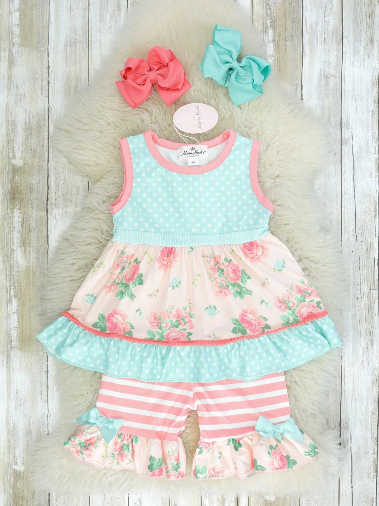 Blue Polka Dot Floral Ruffle Outfit