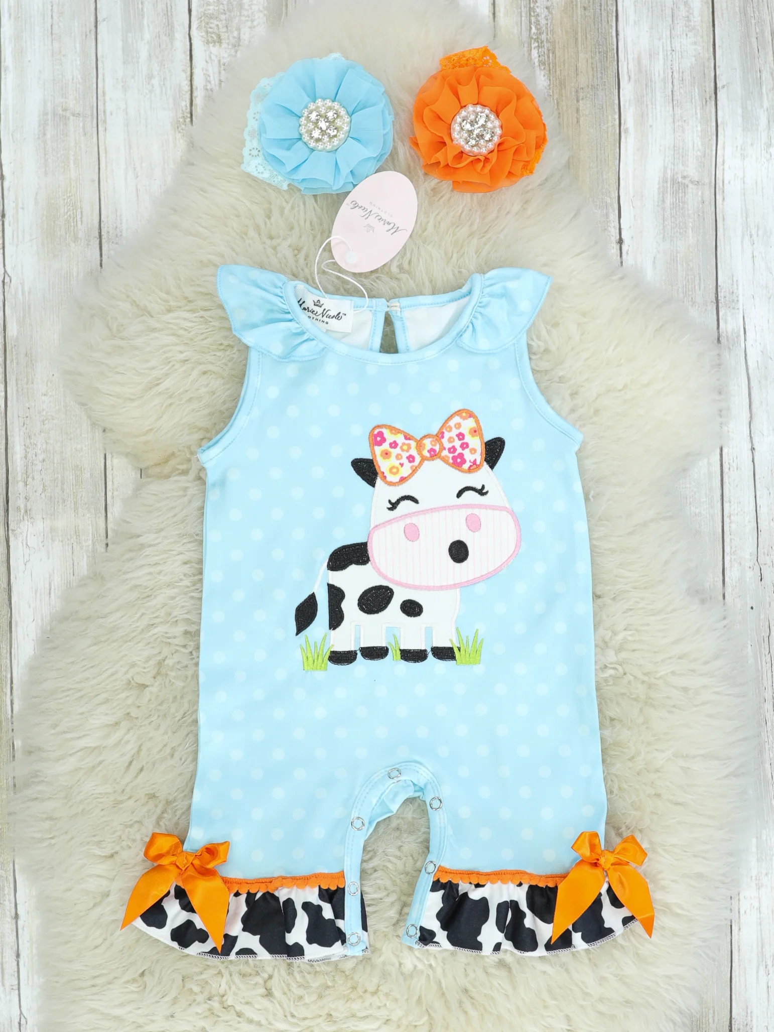 Blue Polka Dot Ruffle Cow Romper