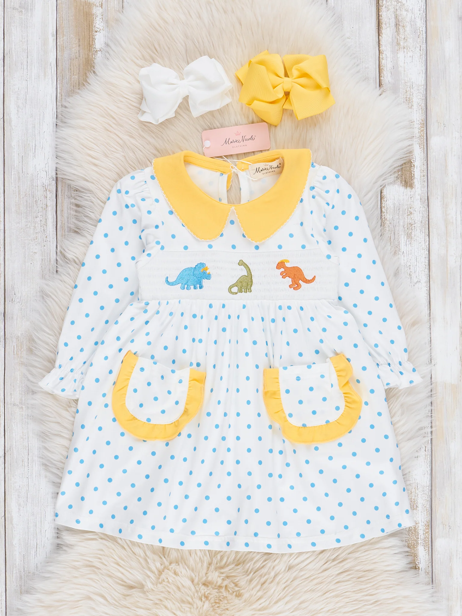 Blue Polka Dots Smocked Dinosaurs Dress