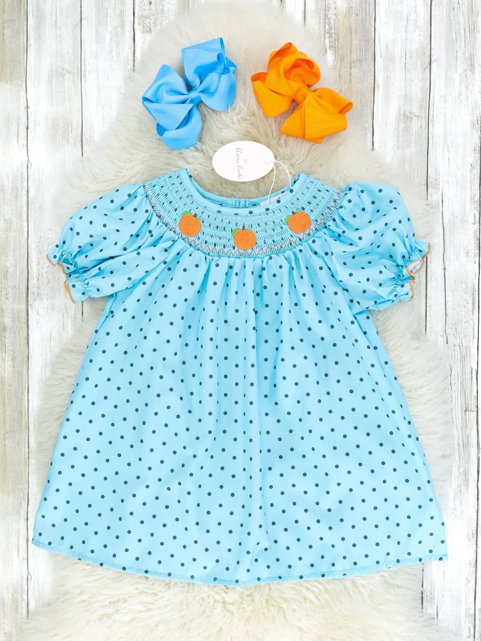 Blue Polka Dotted Smocked Pumpkin Dress
