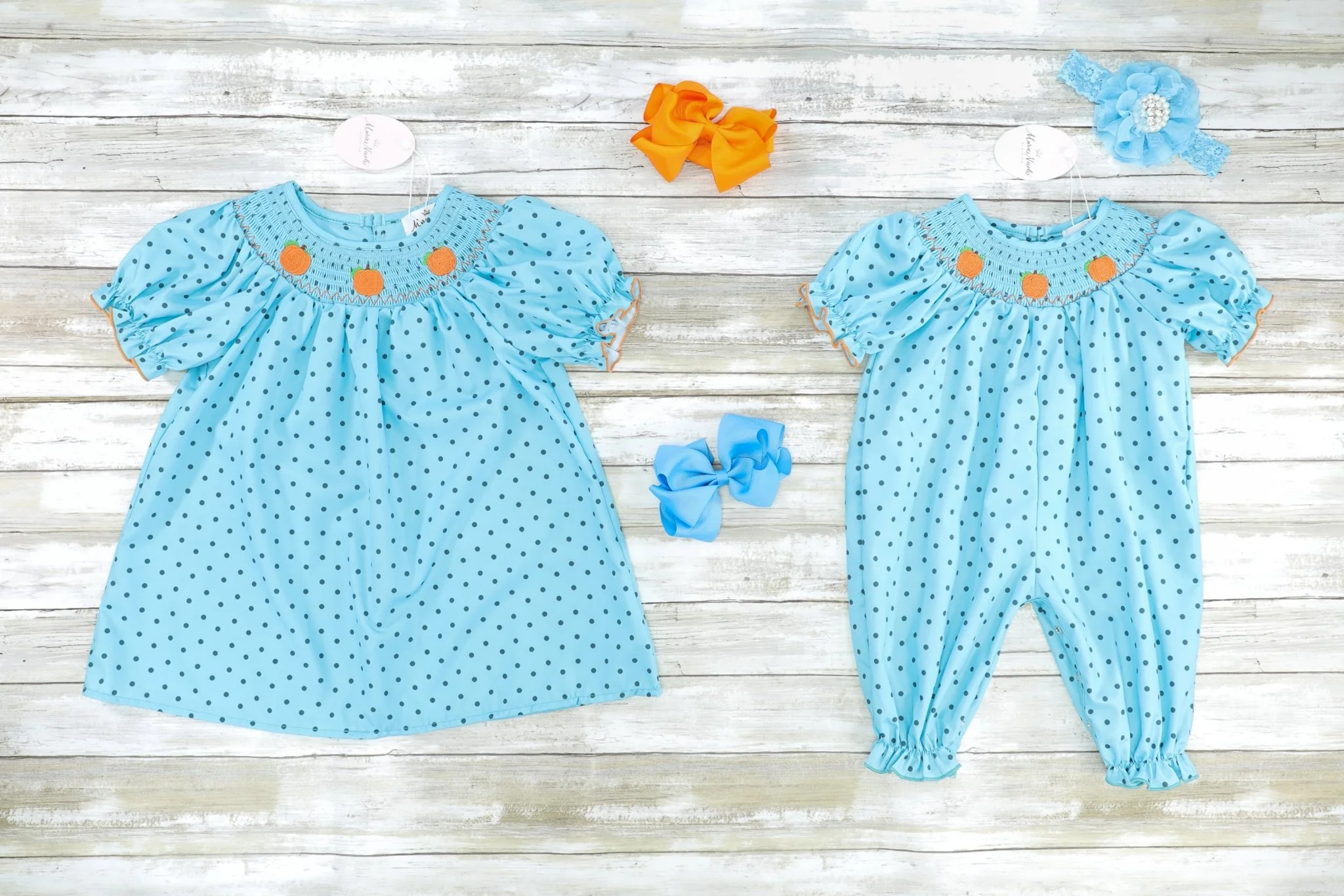 Blue Polka Dotted Smocked Pumpkin Dress - Image 2