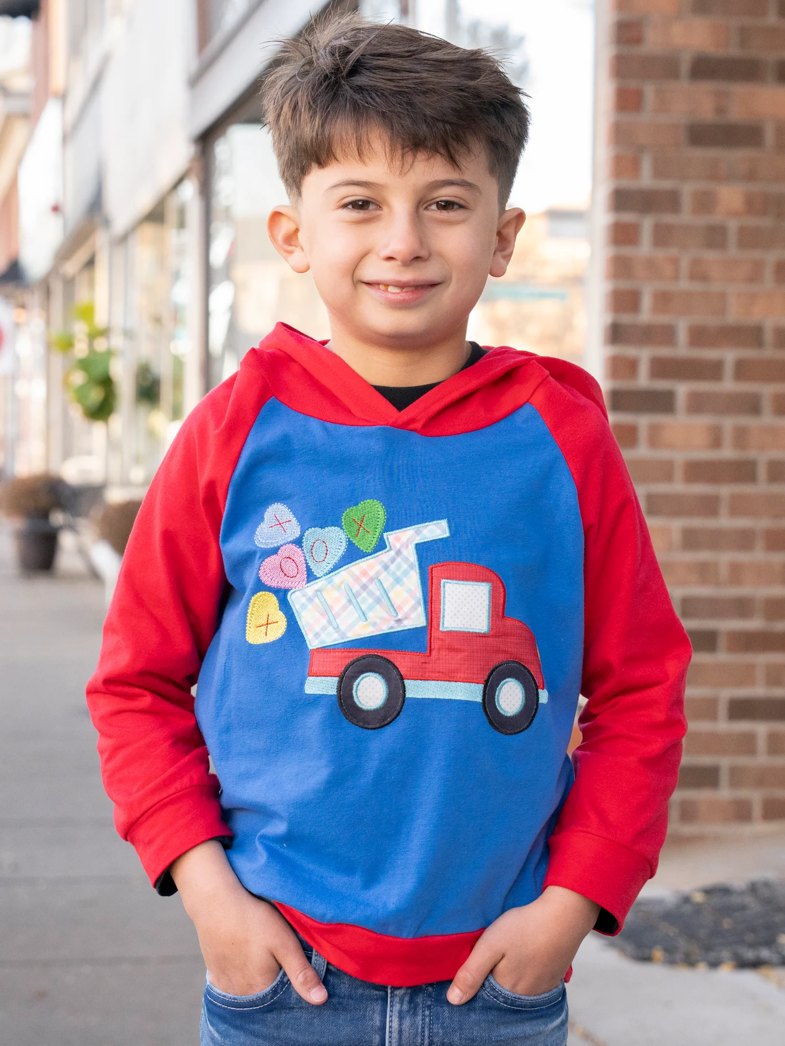 Blue & Red Raglan Candy Hearts Truck Hoodie
