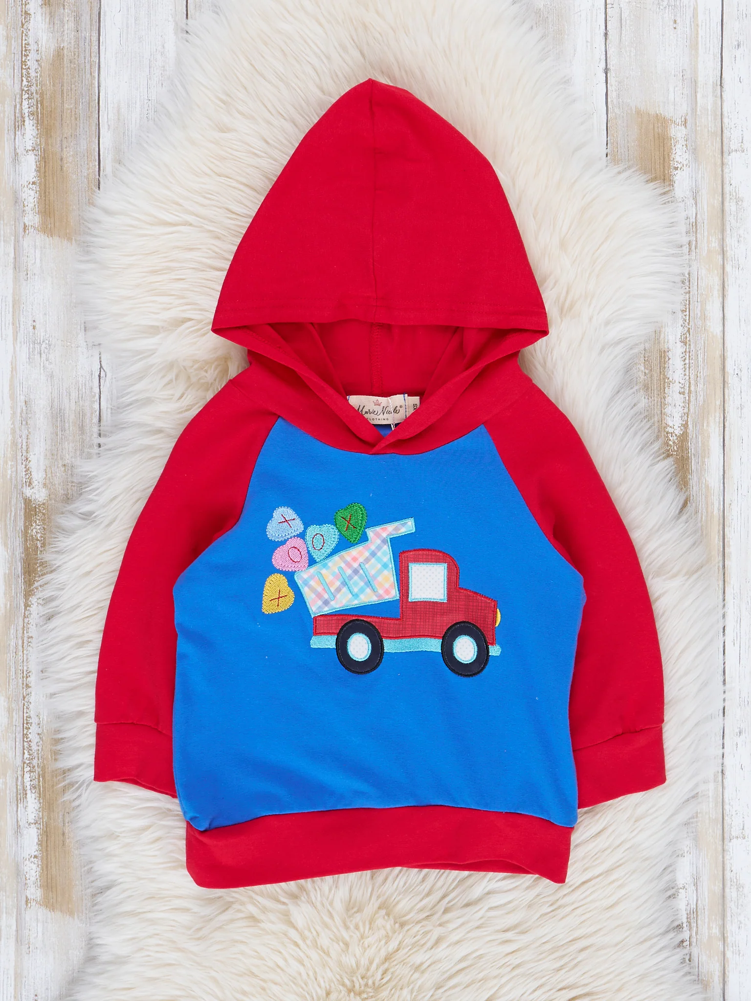 Blue & Red Raglan Candy Hearts Truck Hoodie - Image 2