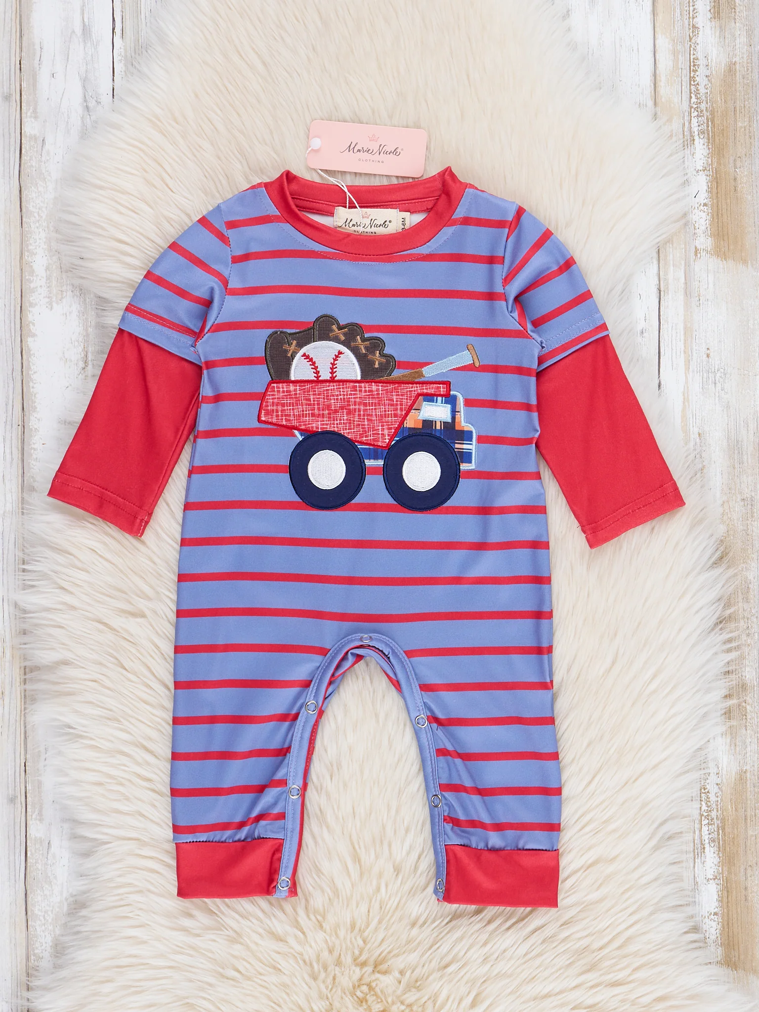 Blue & Red Striped Baseball Truck Romper