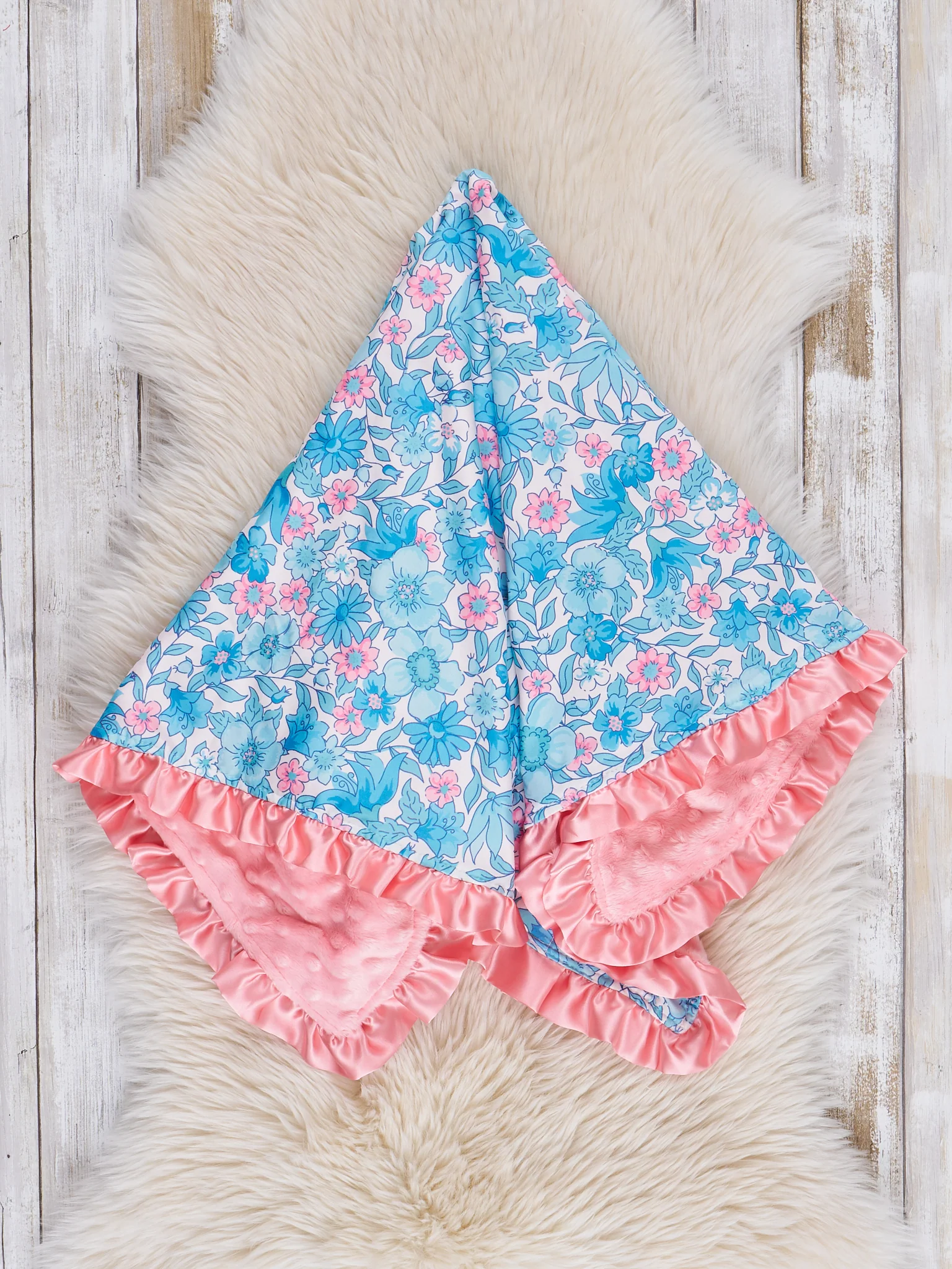 Blue Sleepy Garden Ruffle Minky Blanket