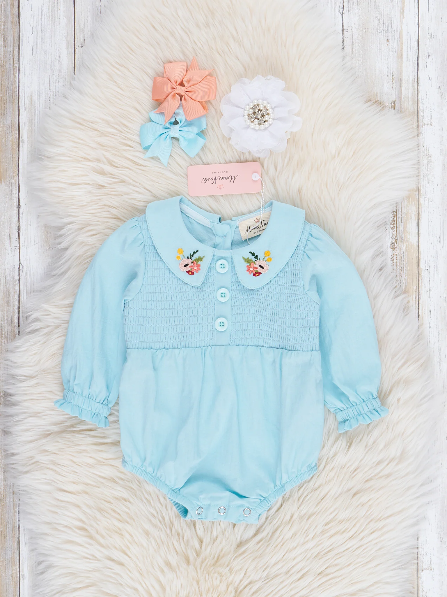 Blue Smocked Embroidered Blooms Bubble Romper