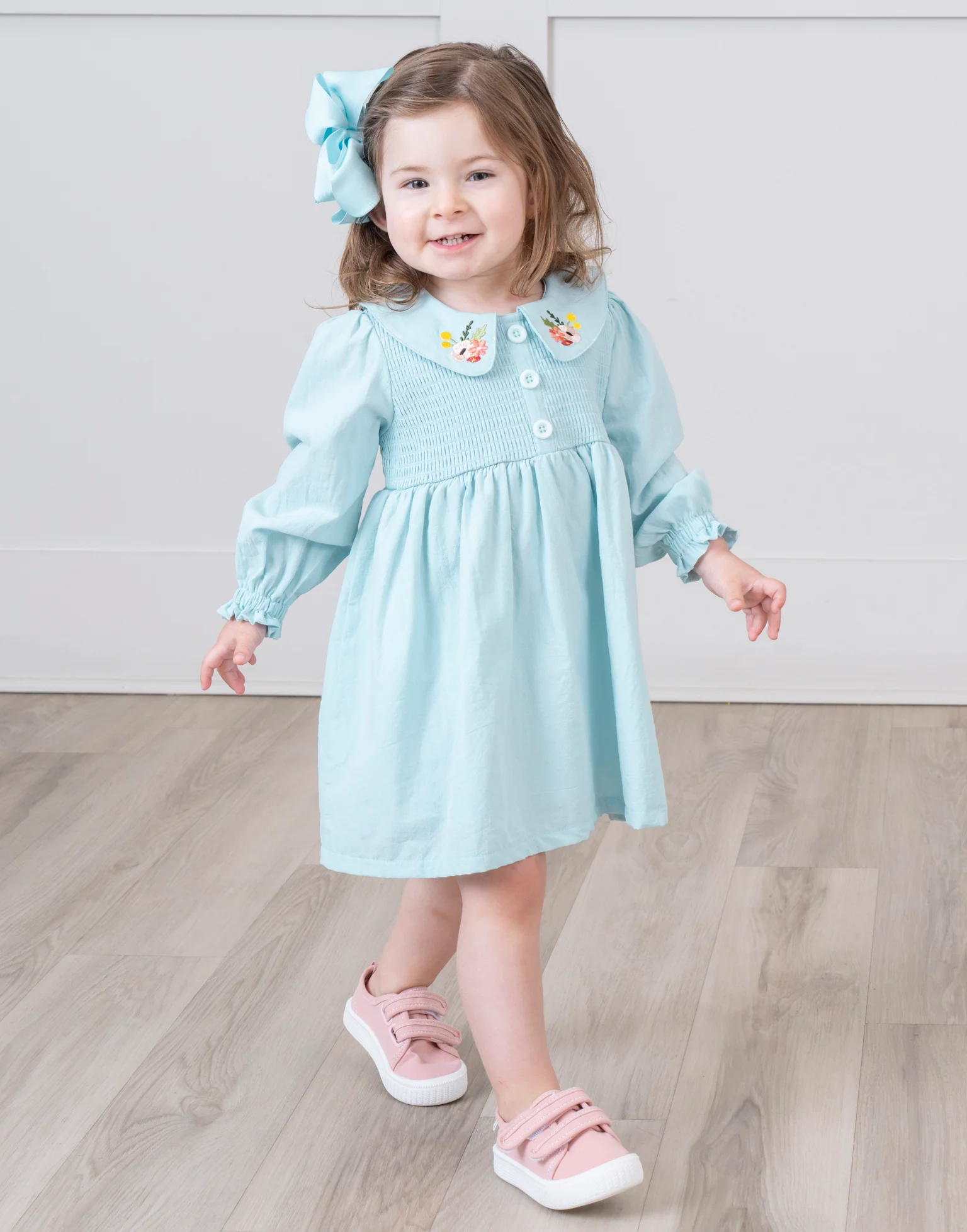 Blue Smocked Embroidered Blooms Dress