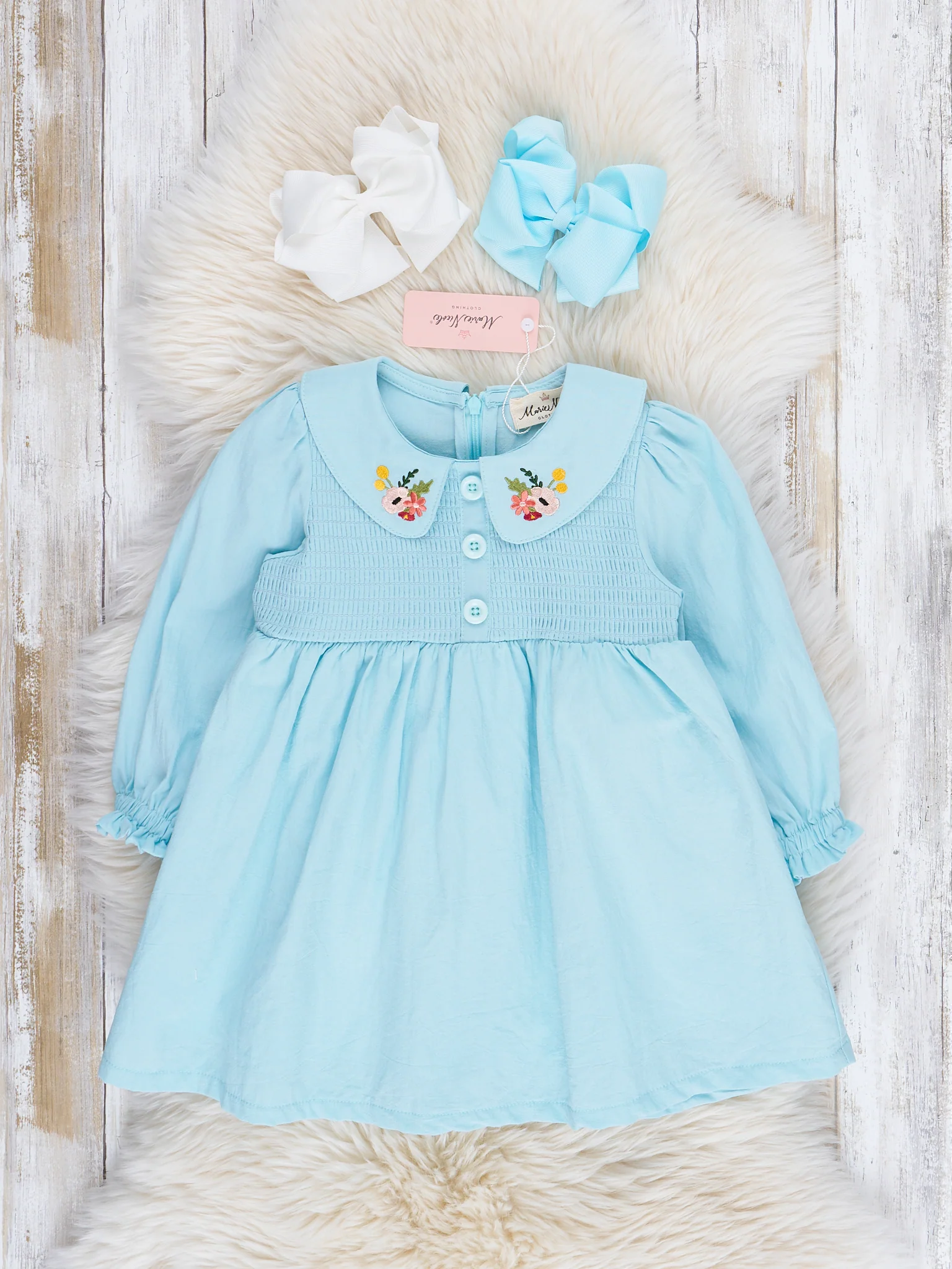 Blue Smocked Embroidered Blooms Dress - Image 2