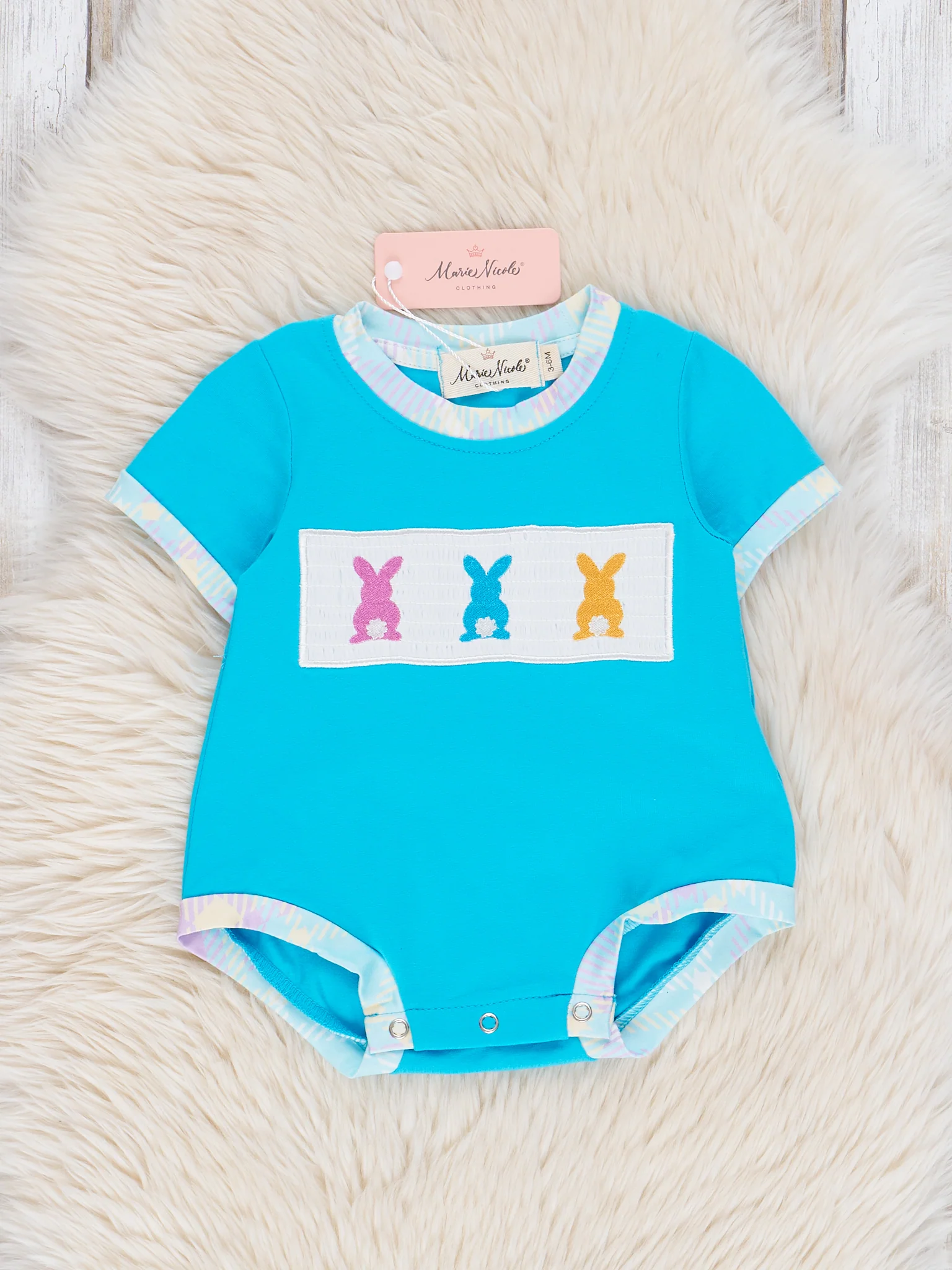 Blue Smocked Embroidered Bunny Bubble Romper