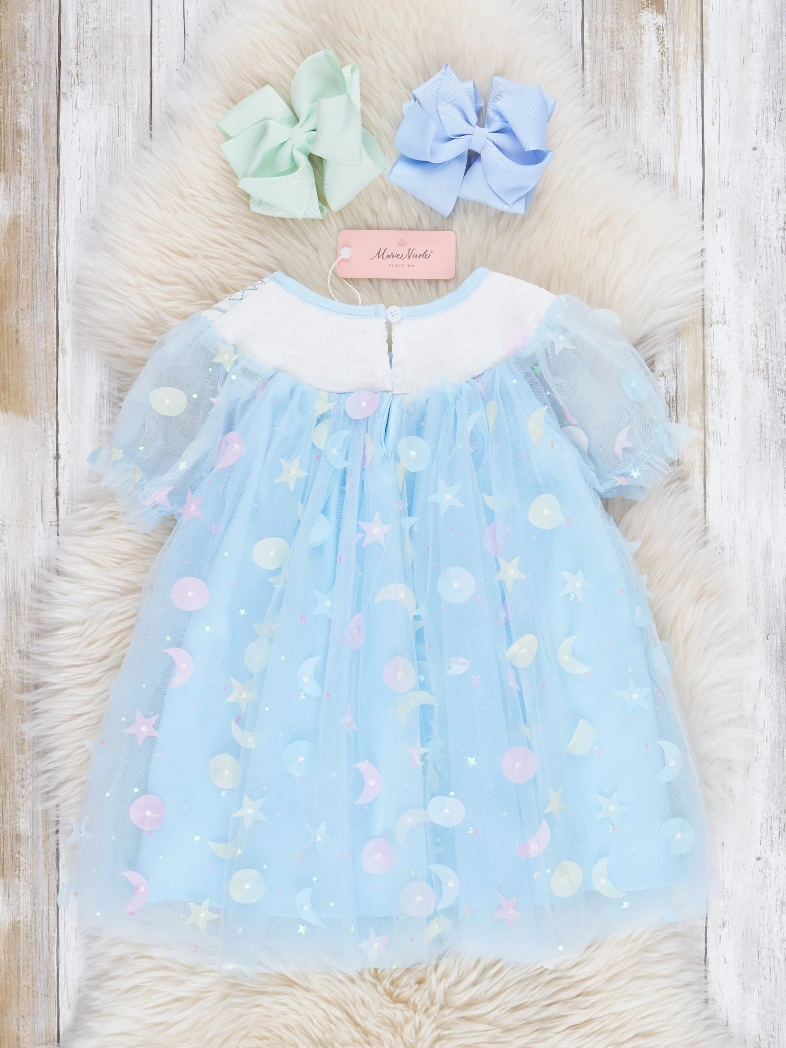 Blue Smocked Garden Blooms Tulle Overlay Dress - Image 3