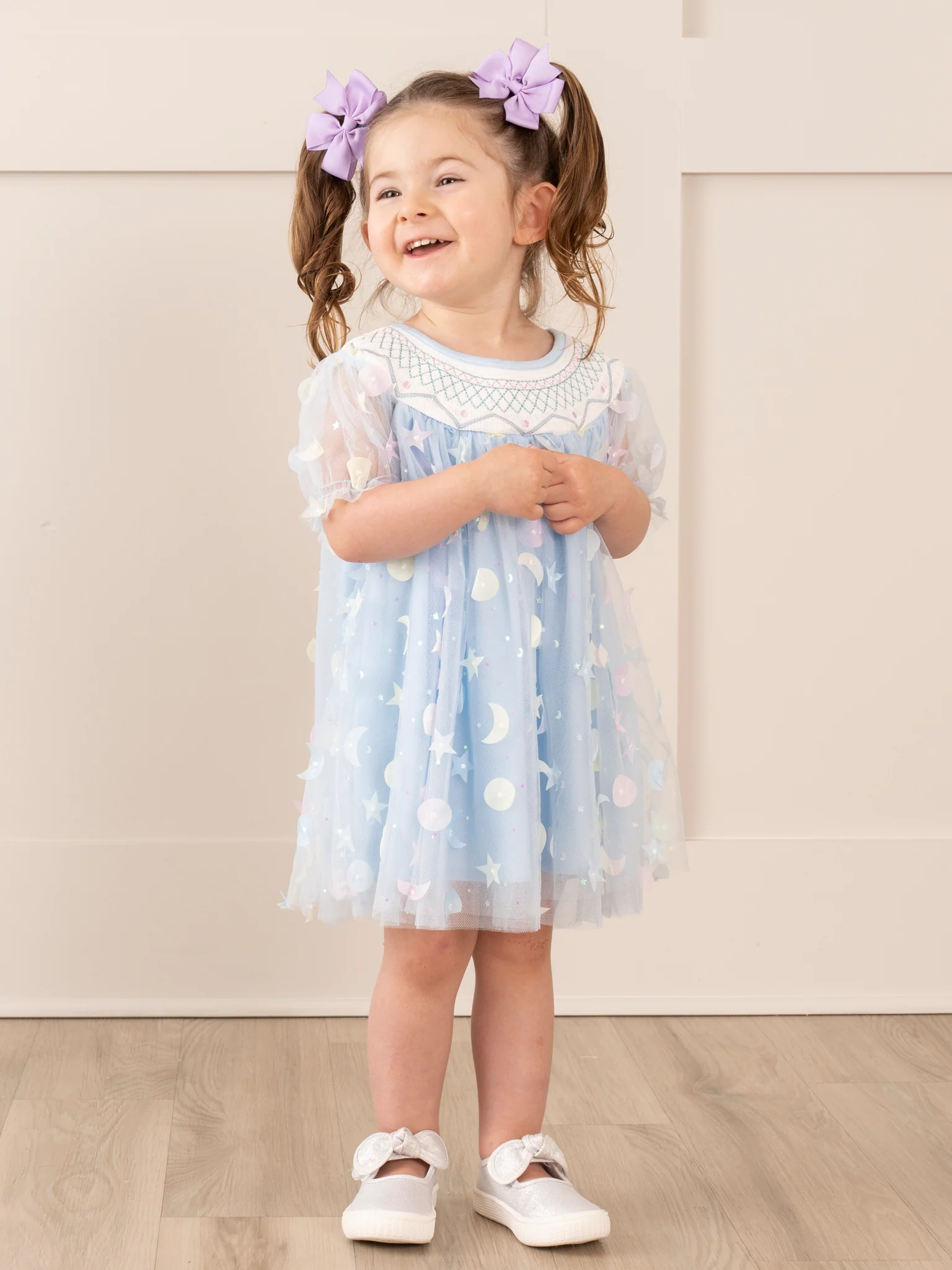 Blue Smocked Garden Blooms Tulle Overlay Dress - Image 4