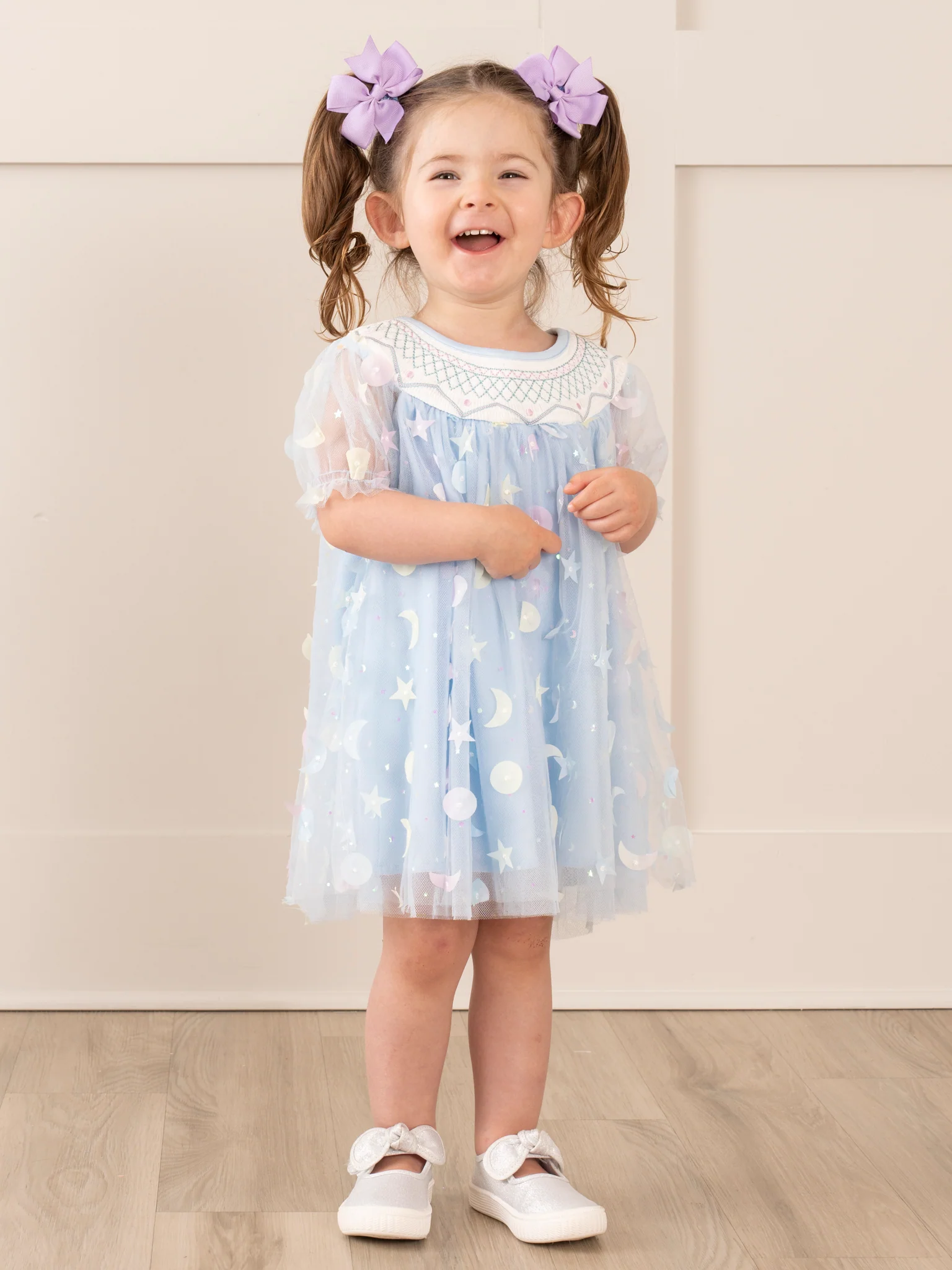 Blue Smocked Garden Blooms Tulle Overlay Dress - Image 5