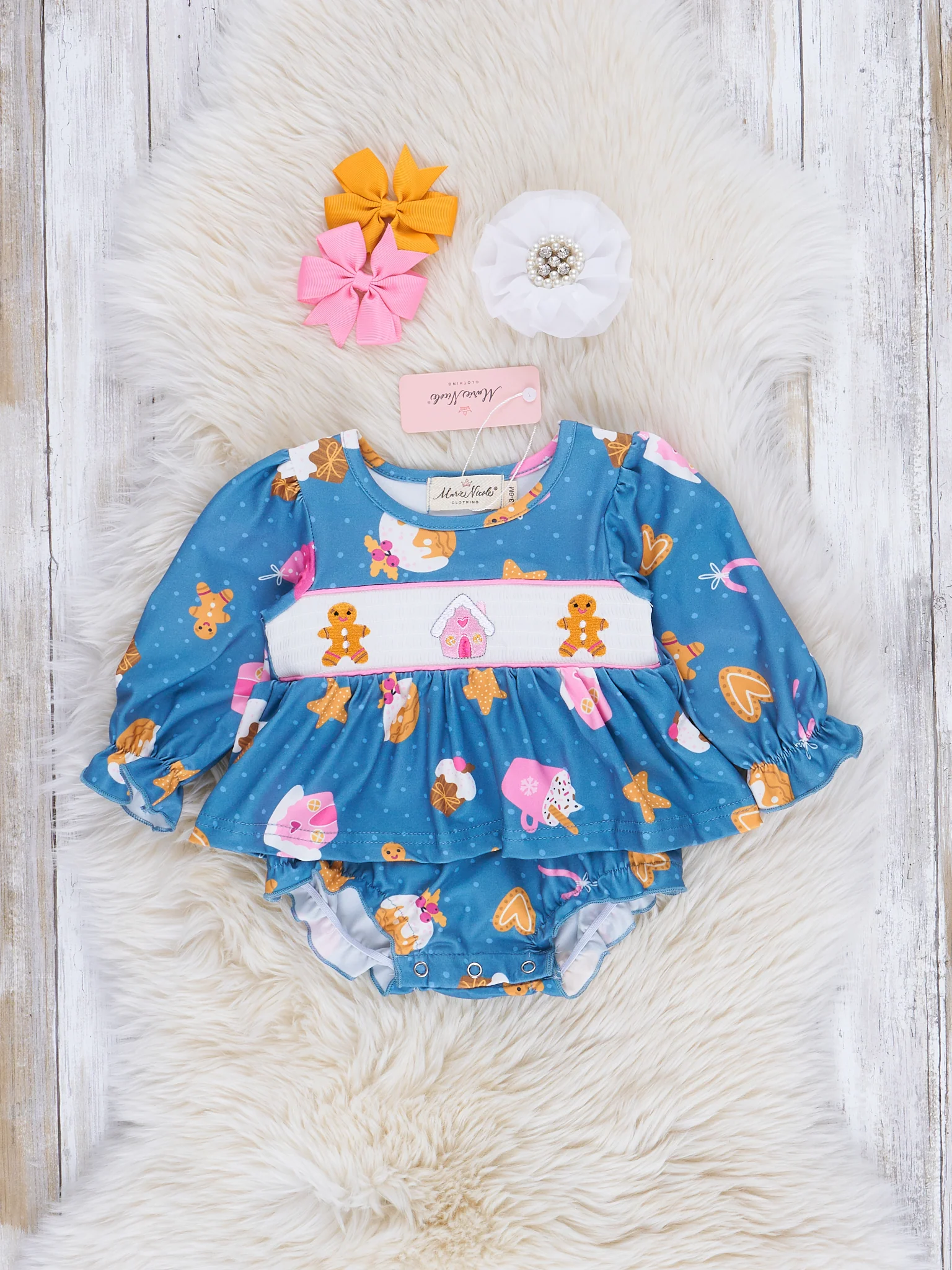 Blue Smocked Gingerbread Ruffle Bubble Romper