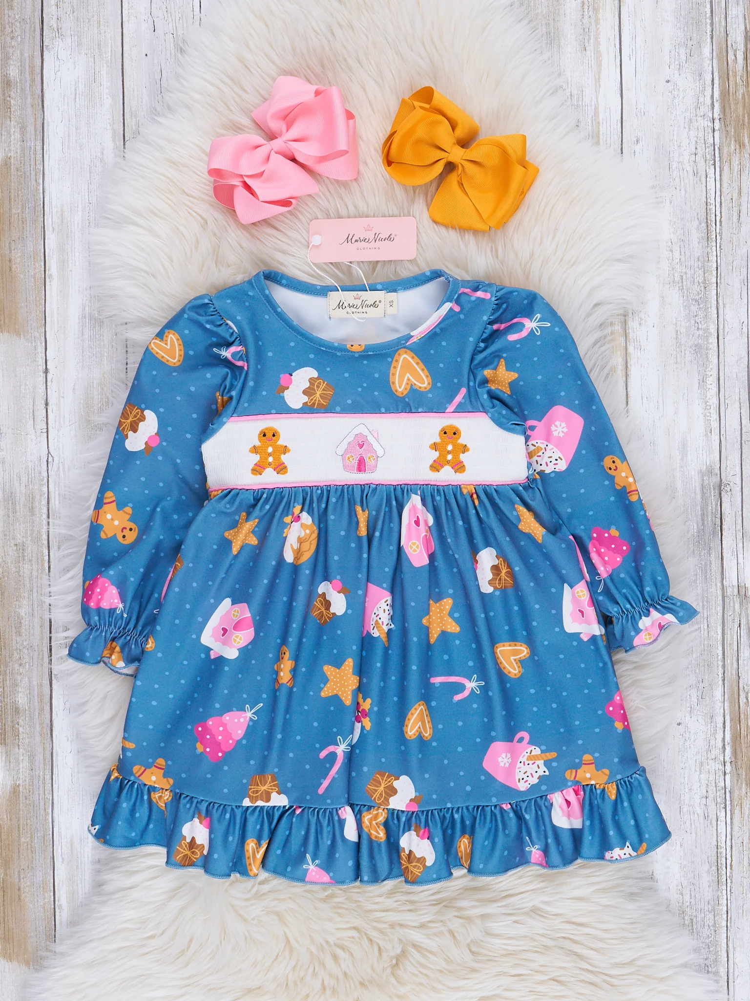 Blue Smocked Gingerbread Ruffle Dress