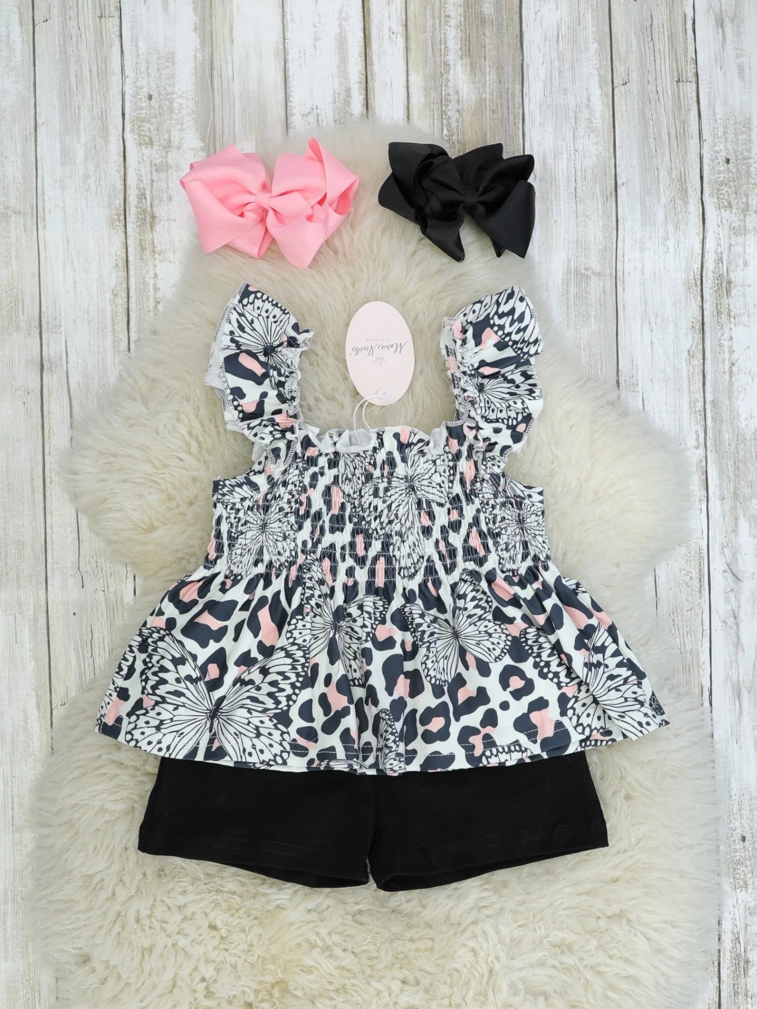 Black Smocked Leopard Butterfly Top & Shorts Outfit