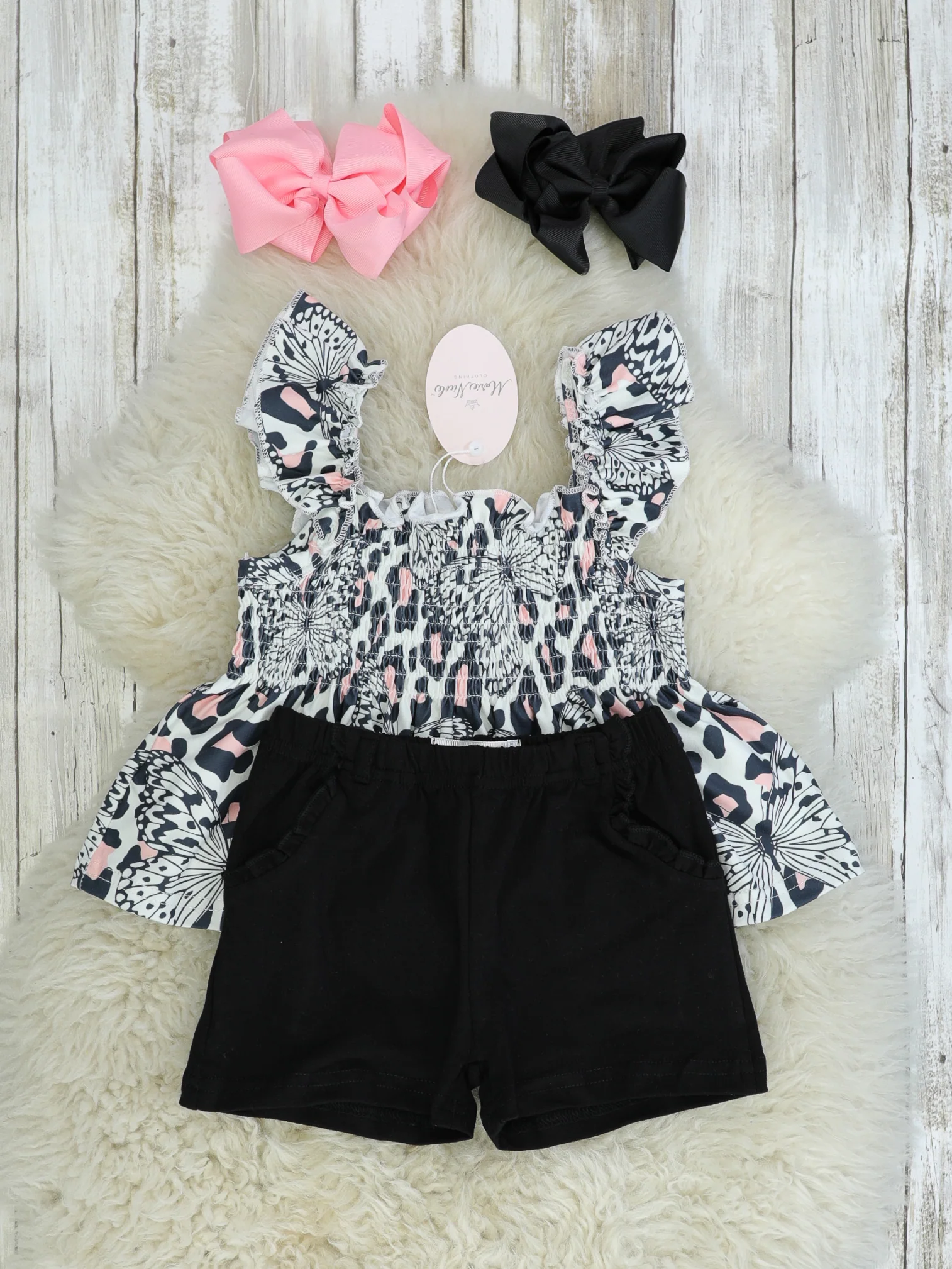 Black Smocked Leopard Butterfly Top & Shorts Outfit - Image 2