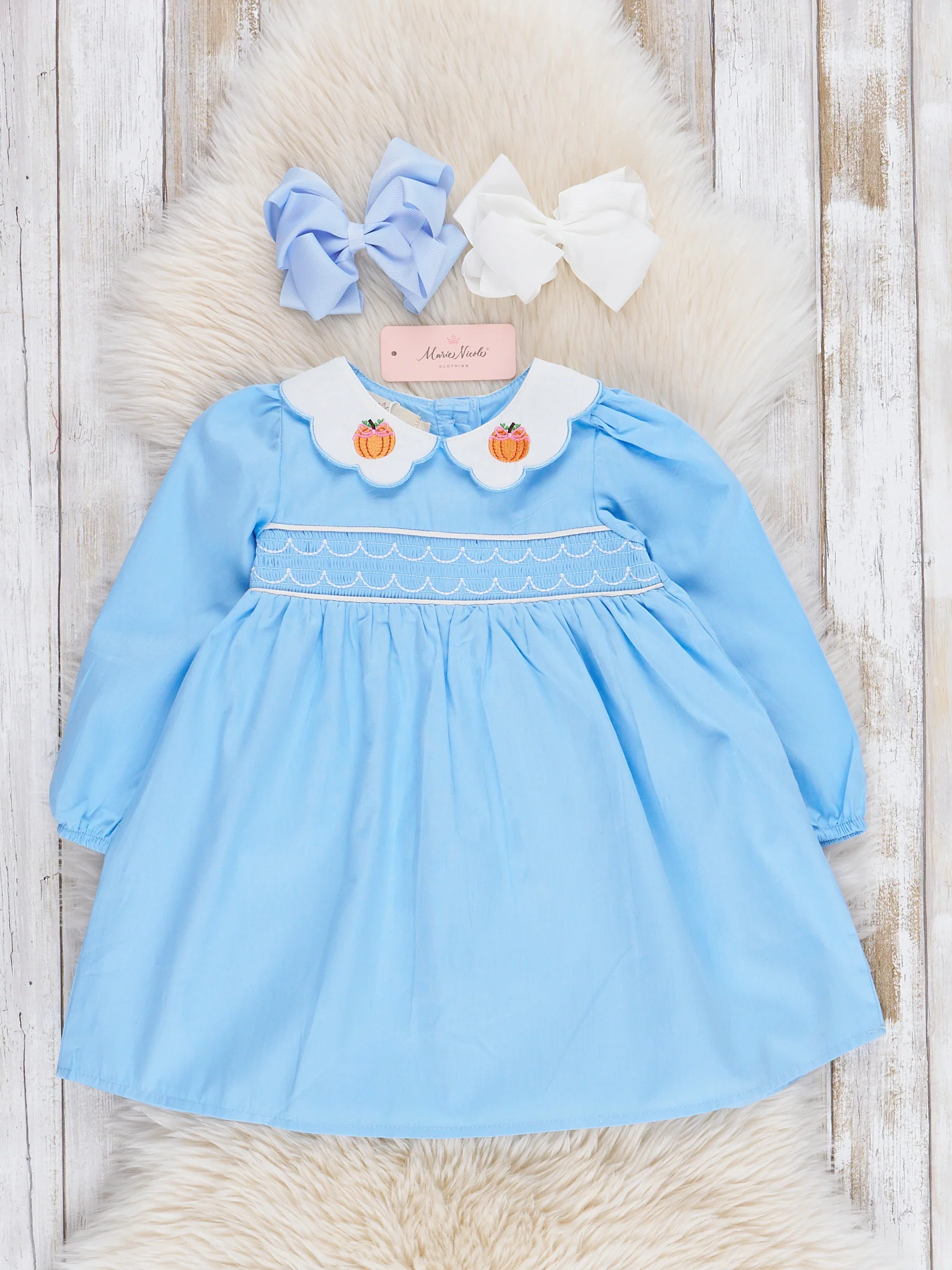 Blue Smocked Pumpkin Collar Ruffle Dress