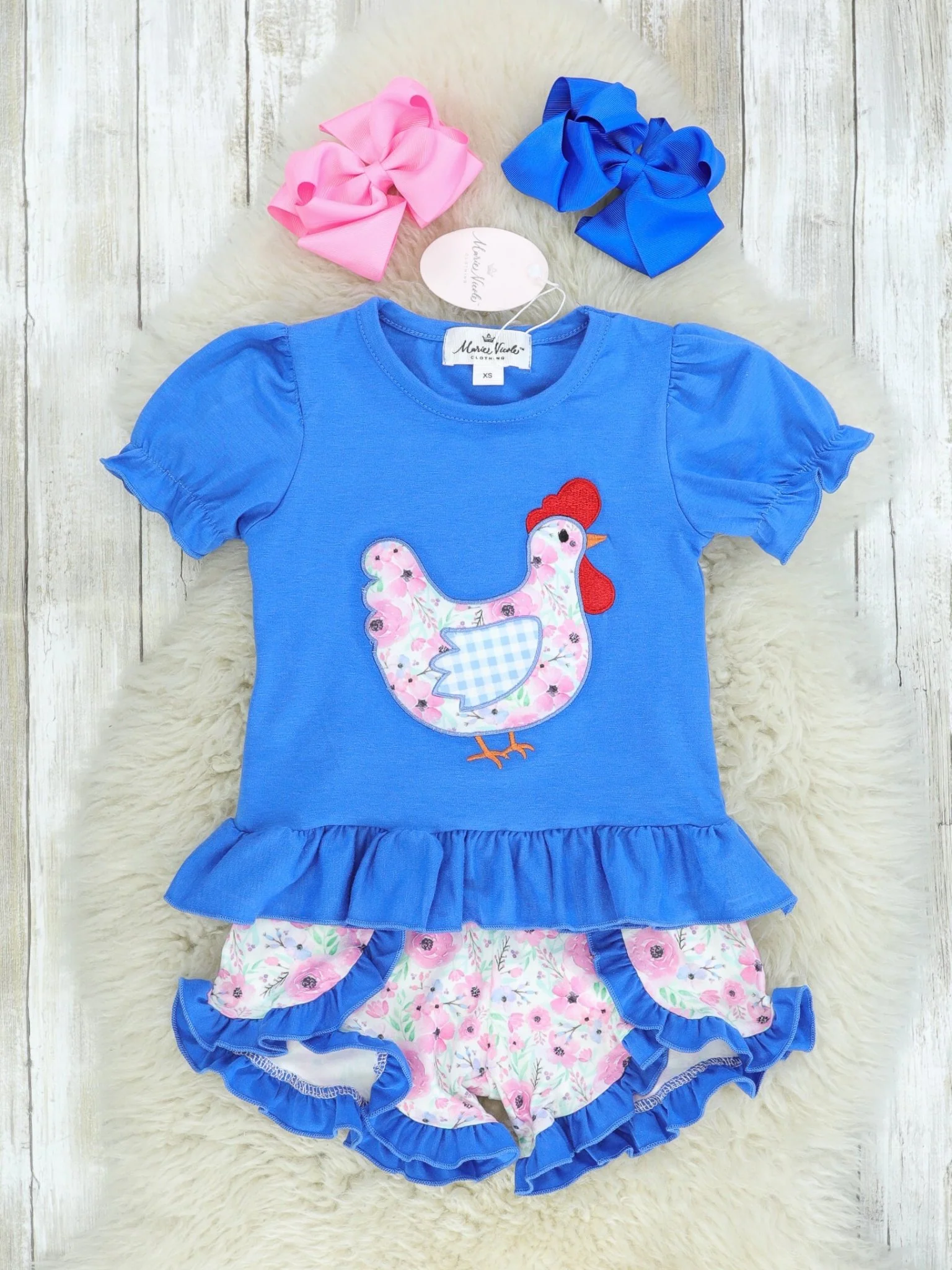 Blue Spring Chicken Ruffle Shirt & Shorts Outfit