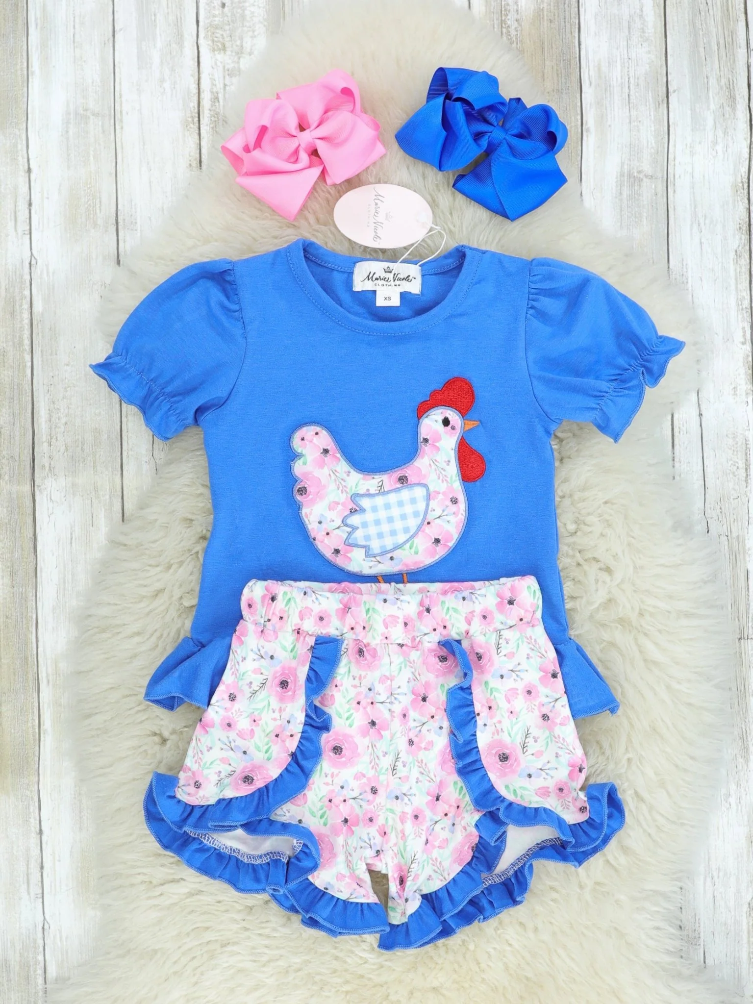Blue Spring Chicken Ruffle Shirt & Shorts Outfit - Image 2