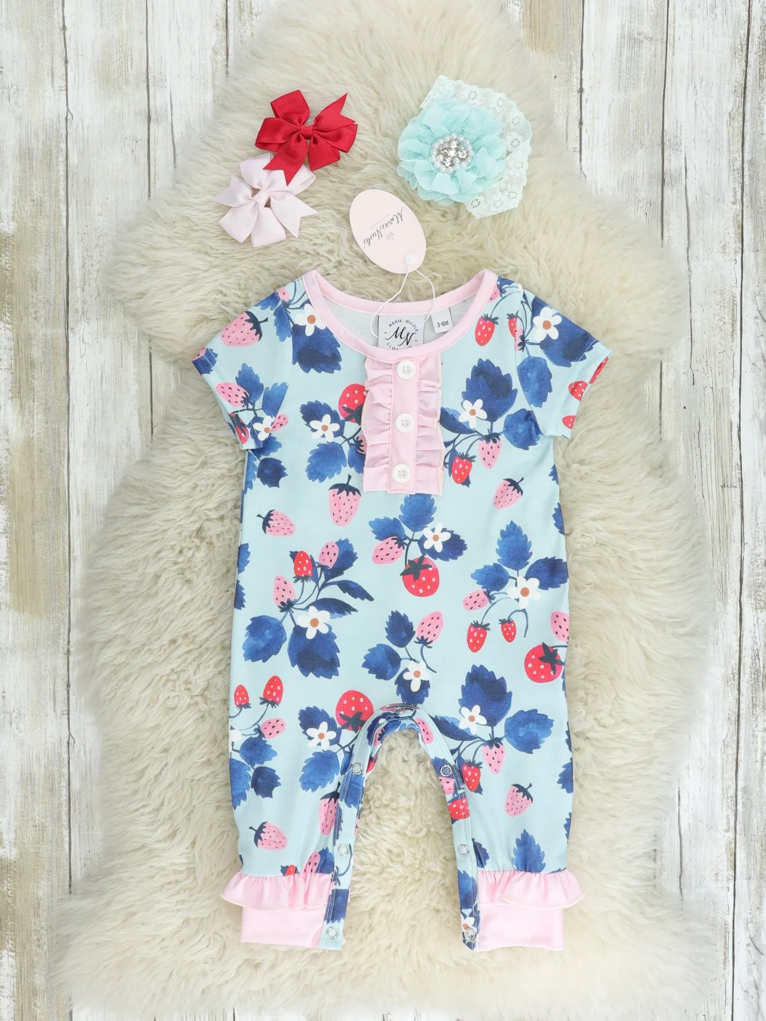 Blue Strawberry Ruffle Romper