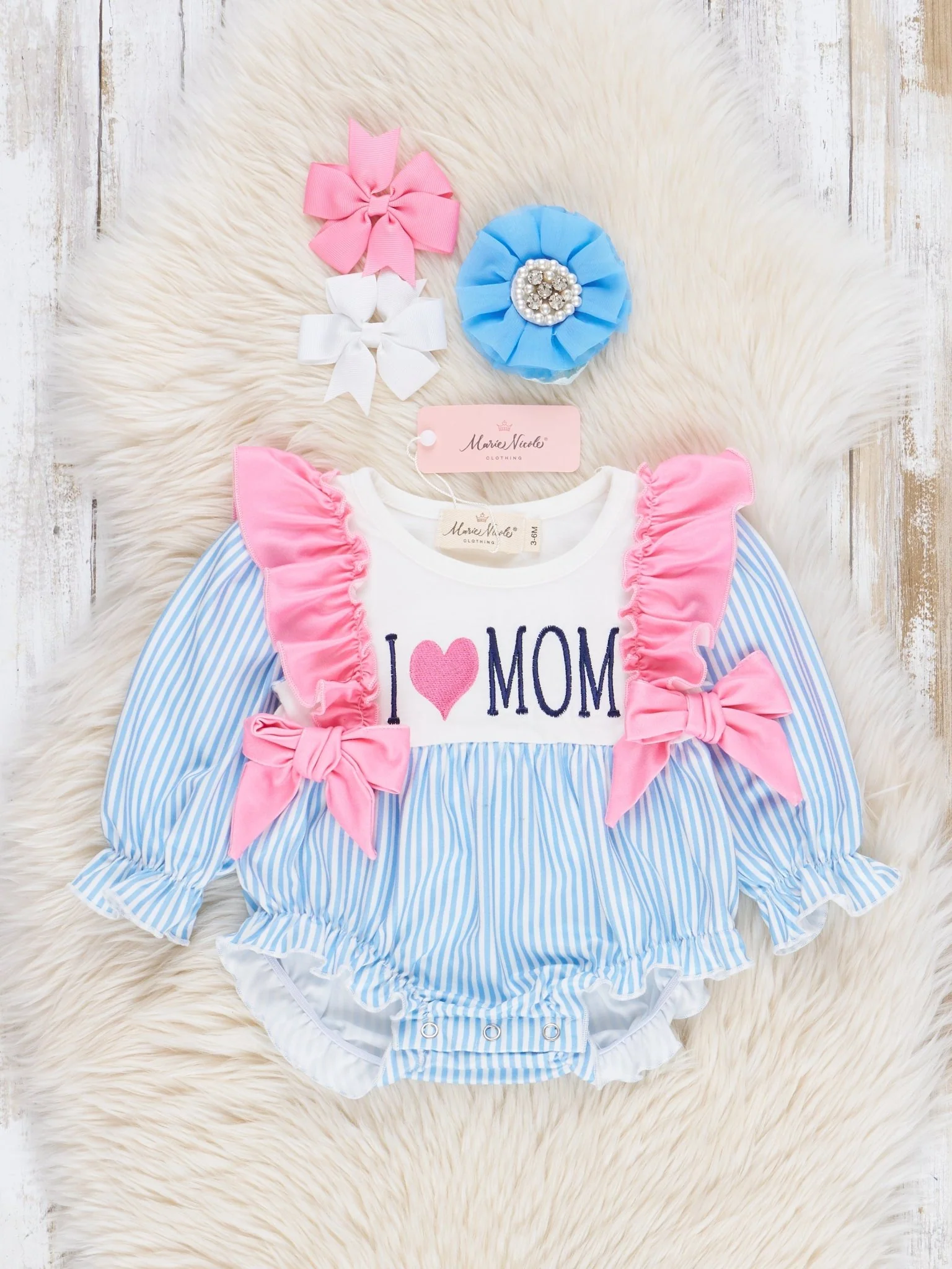 Blue Stripe Family Love Ruffle Bubble Romper - Image 4