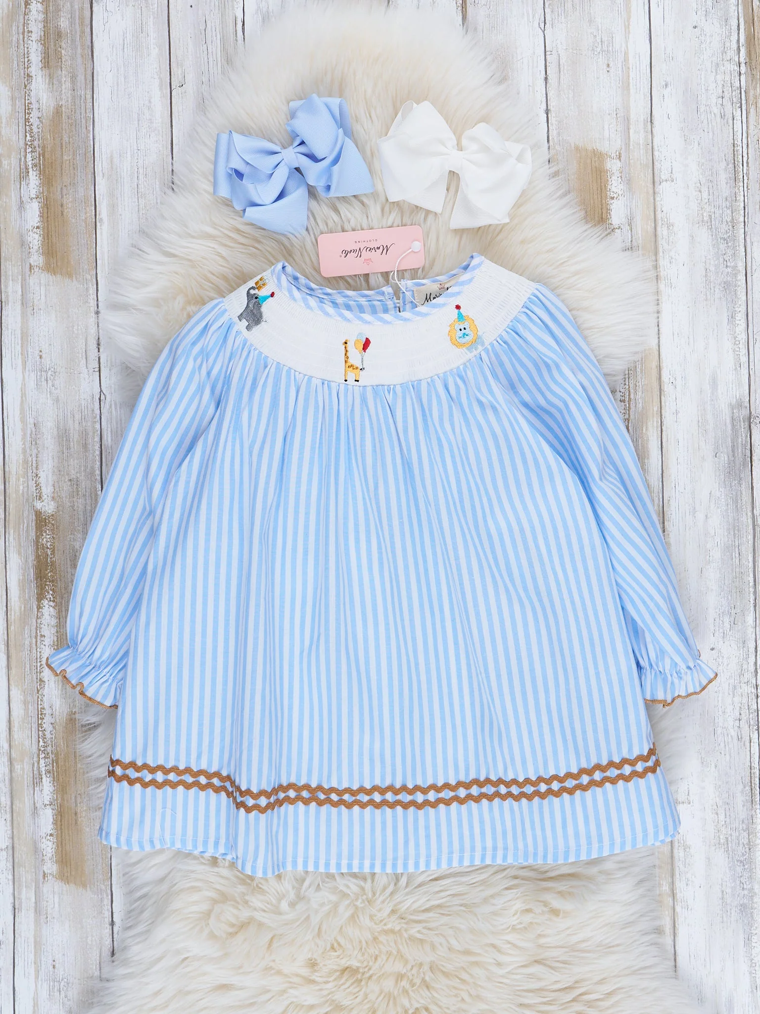 Blue Stripe Smocked Circus Friends Dress