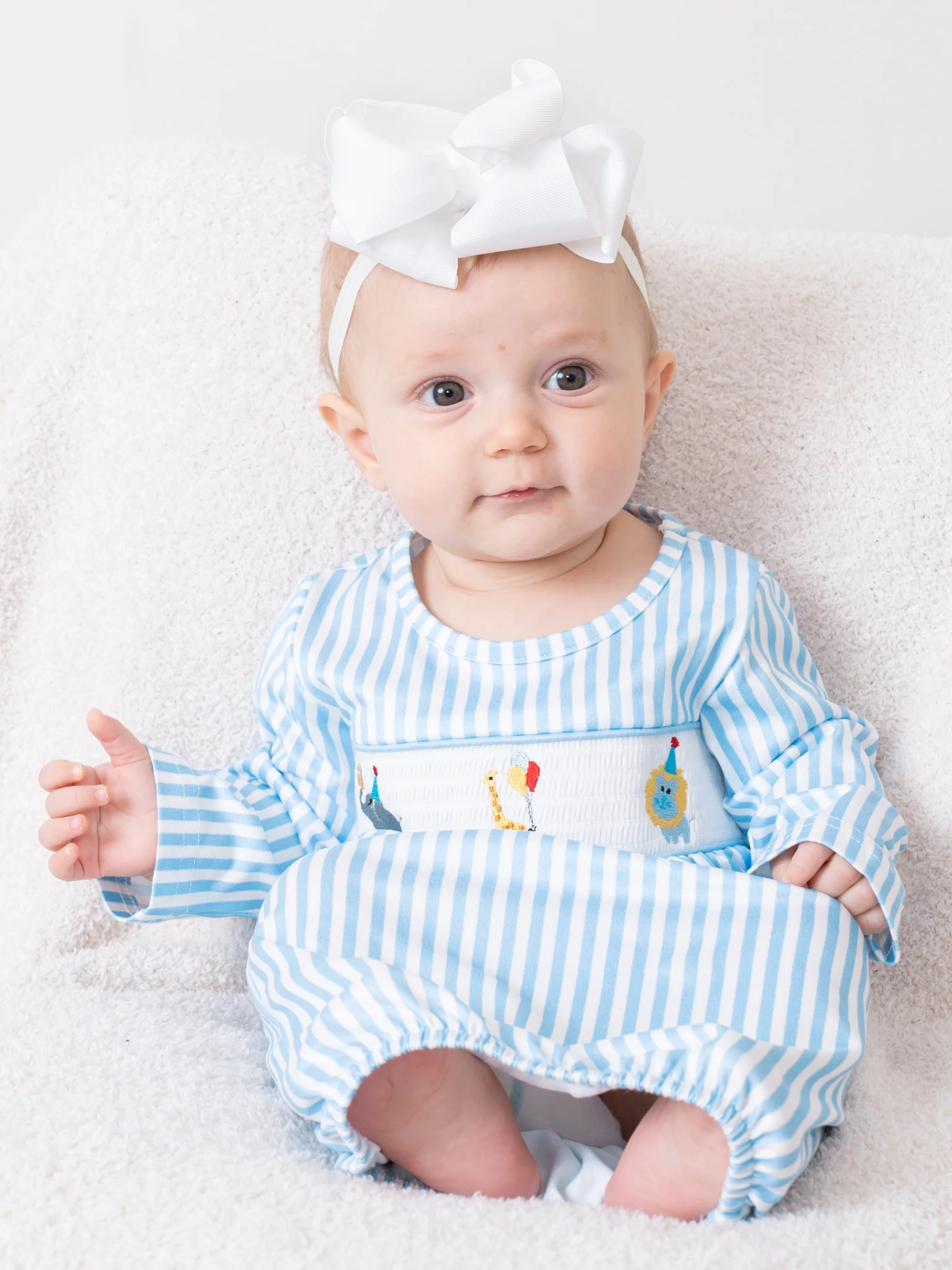 Blue Stripe Smocked Circus Friends Gown